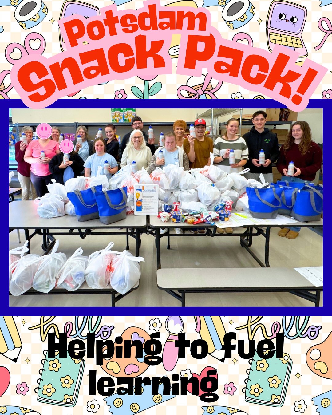 💙 Potsdam Snack Pack 💙
We love seeing our community come together! This week’s crew included @clarksonhonors students, @thearcjslc participants, local residents, and our original Snack Pack team…all working side by side to pack bags that help fuel learning for Potsdam students.
A huge thank-you to the @northcountrycleanenergyhub for donating reusable water bottles for every Snack Pack recipient! 💧 Your generosity helps keep our kids hydrated and our planet a little greener. 🌎
Together, we’re making a difference, one bag, one student, one week at a time! 🍎🎒✨
#PotsdamSnackPack #FuelingLearning #CommunityStrong #CleanEnergyHub #ClarksonUniversity #ARC #VolunteersMakeItHappen