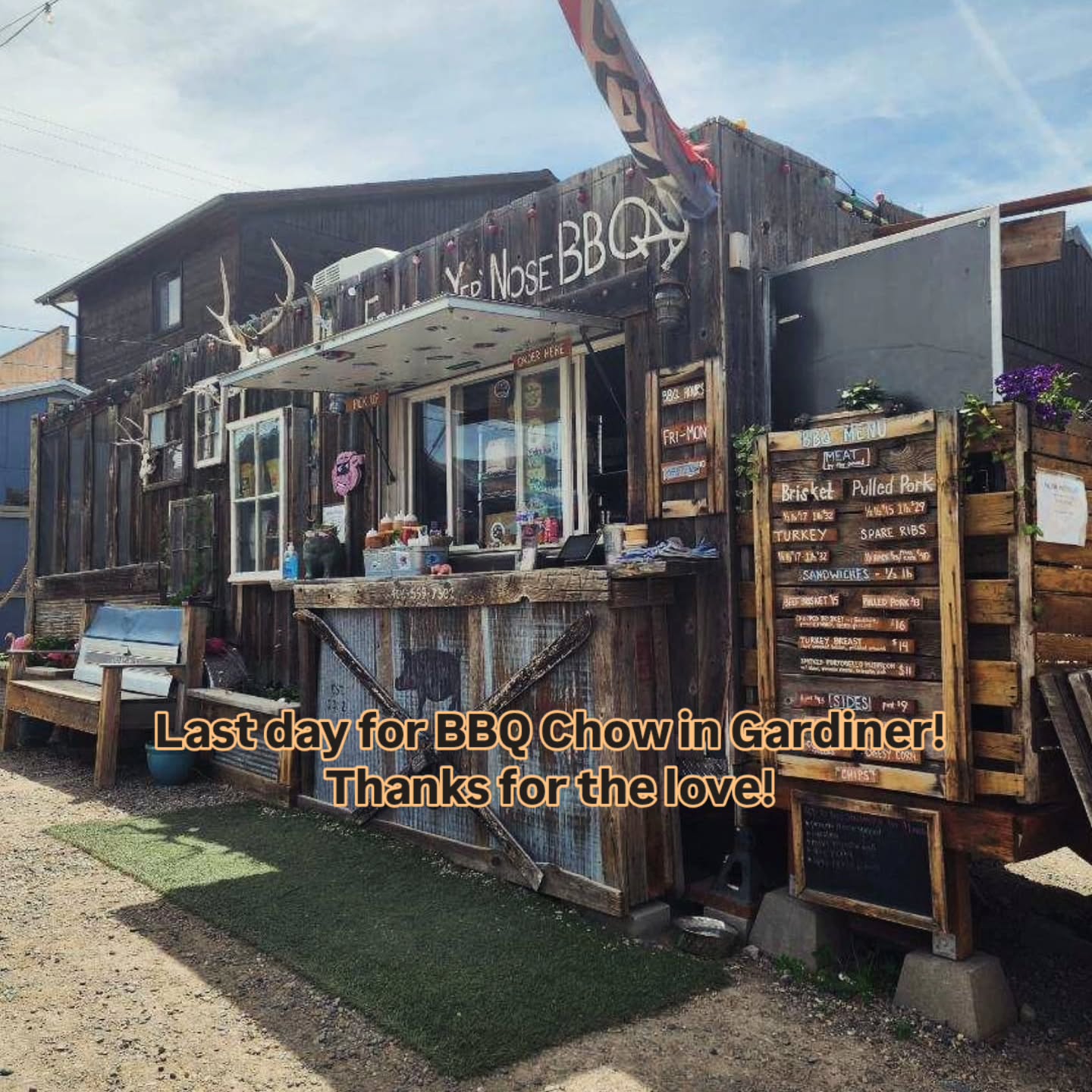 Thank yall for the love in Gardiner this Summer! Today is the last day for BBQ in Gardiner at the @followyernosesmokewagon ! Thank hall for welcoming us and having us for our 5th Summer down in the North Yellowstone Entrance area!
👇
Our Shack in Emigrant will be open for one more week of Full time 5 days a week this coming Thursday-Monday. Then weekends til mid Nov.
🍁🧡
#thankyou #montana #bbq #foodtruck #gardinermt #yellowstonenationalpark #yellowstone