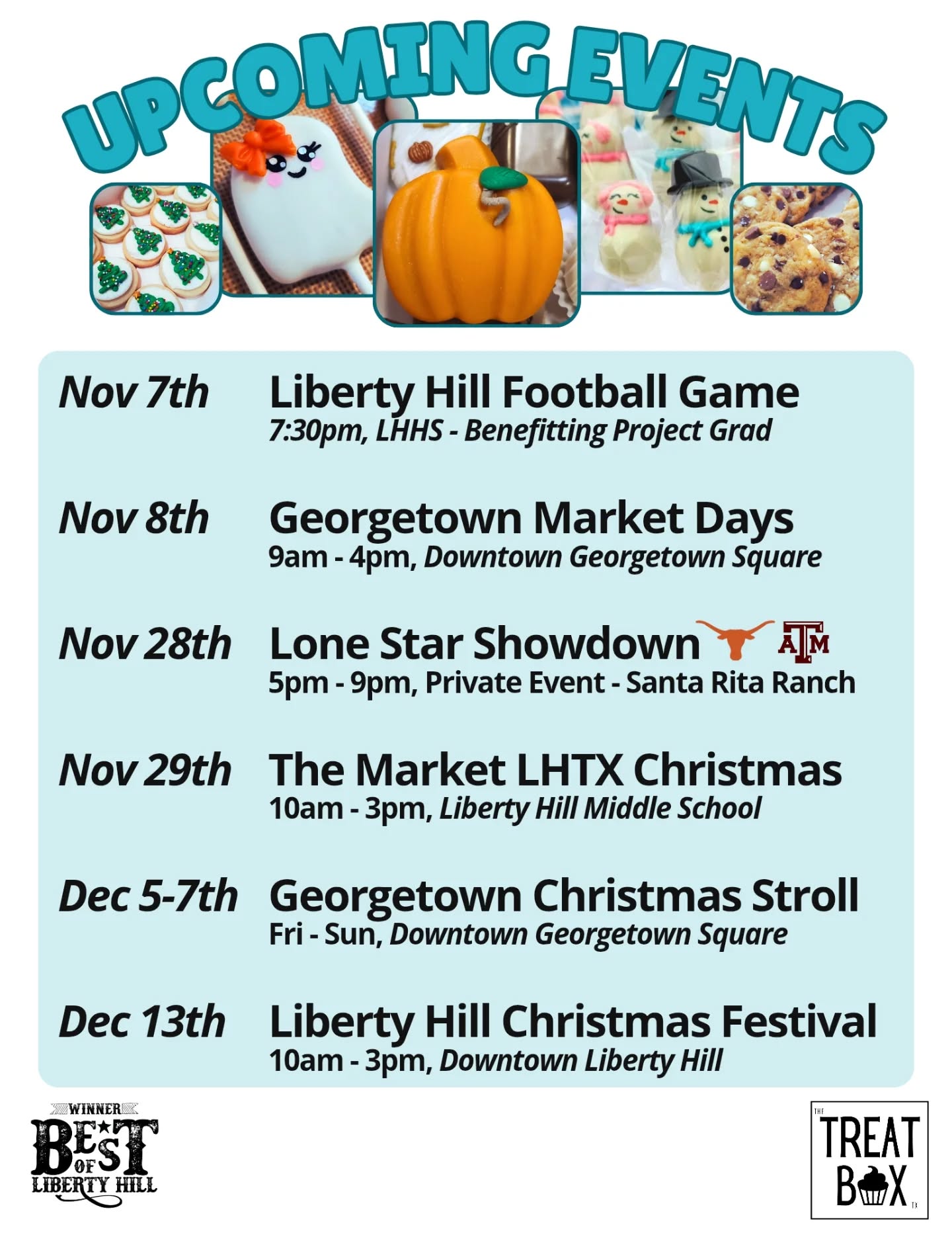 It’s officially our favorite (and sweetest) time of year! 🎄 Catch us at local markets and holiday events — we’ll be fully stocked with all the merry and all the yum!
Keep your eyes peeled for our Holiday Treat Drops — surprise pop-ups loaded with limited edition goodies. You never know when the next one will drop! 👀
Tell us below ⬇️ what treats you’re hoping to snag this season!
#TheTreatBoxTX #SweetSeason #HolidayTreats #TexasBaker #ShopLocalTX #LibertyHillTX #GeorgetownTX #AustinTX #CookiesAndMore #FestiveFlavors #BakedWithLove