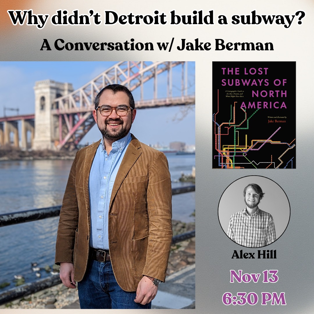 2 Weeks! We look forward to hosting cartographers Jake Berman @lostsubways and Alex B. Hill @detroitography on Nov. 13 to break down Berman's book, "The Lost Subways of North America," especially the Detroit chapter!
Don't miss your chance to nerd out with us, ask all your questions, and hear a dynamic conversation!
#nextchapterbooksdetroit #indiebookstore #lostsubways #detroittransit