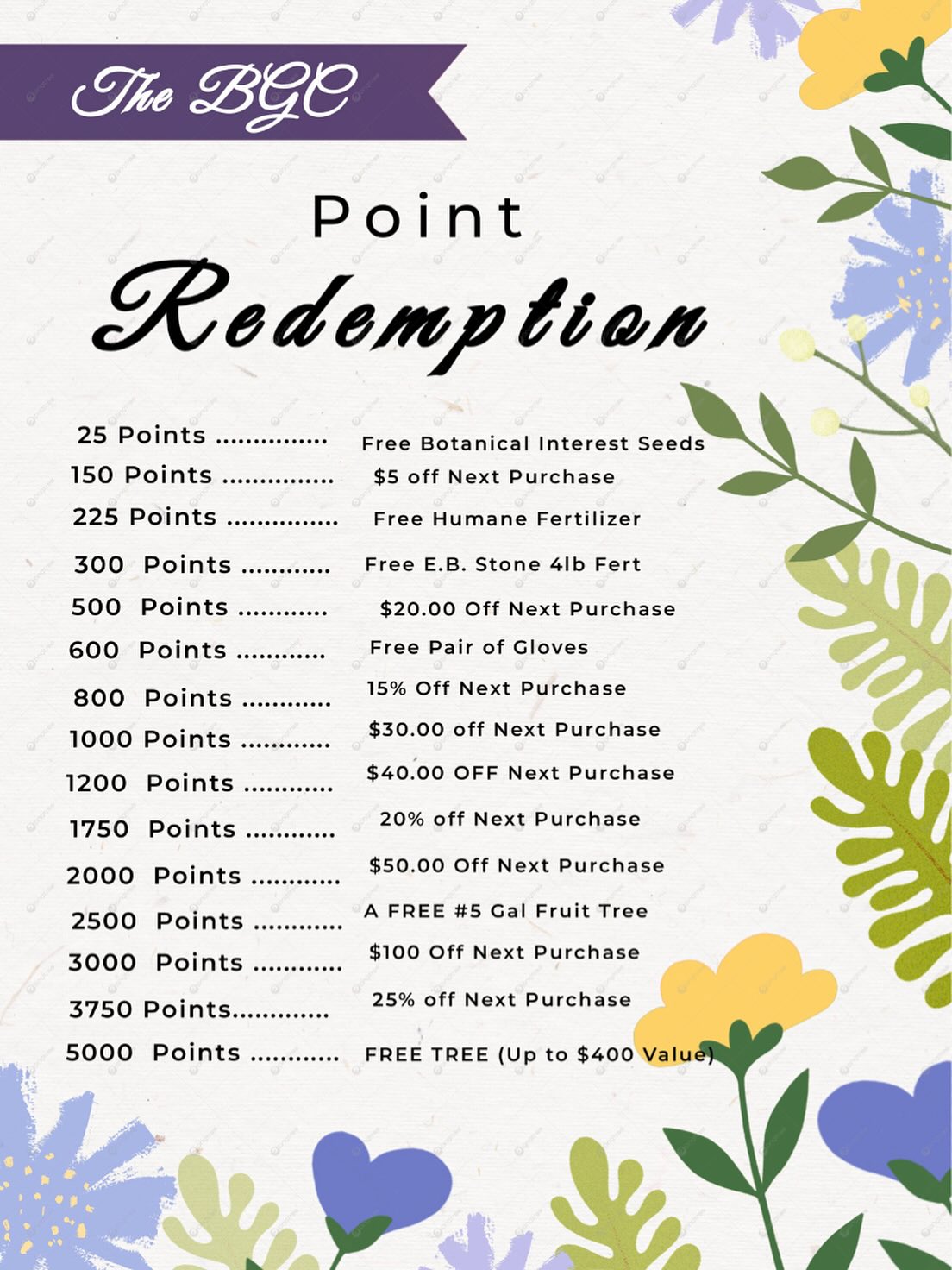 🌸🚨 Reward Alert 🚨🌻
🪻We appreciate our customers incredibly! We have a community of amazing people. What a pleasure this season has been meeting and revisiting with everyone!
We would love to see you before we close✨We are running 2x point redemption until the end of the season
This means $1 spent = 2 points gained and what you collect will roll over seasons ❄️☀️🌸🍁
These points accumulate twice as fast with a purchase of anything you may want to prepare for your garden, before we are able to resume getting new inventory deliveries in the Spring 🌷
Fall operating hours:
10am-4pm // Friday-Monday
Projected end of season: Monday, November 3 (weather dependent)