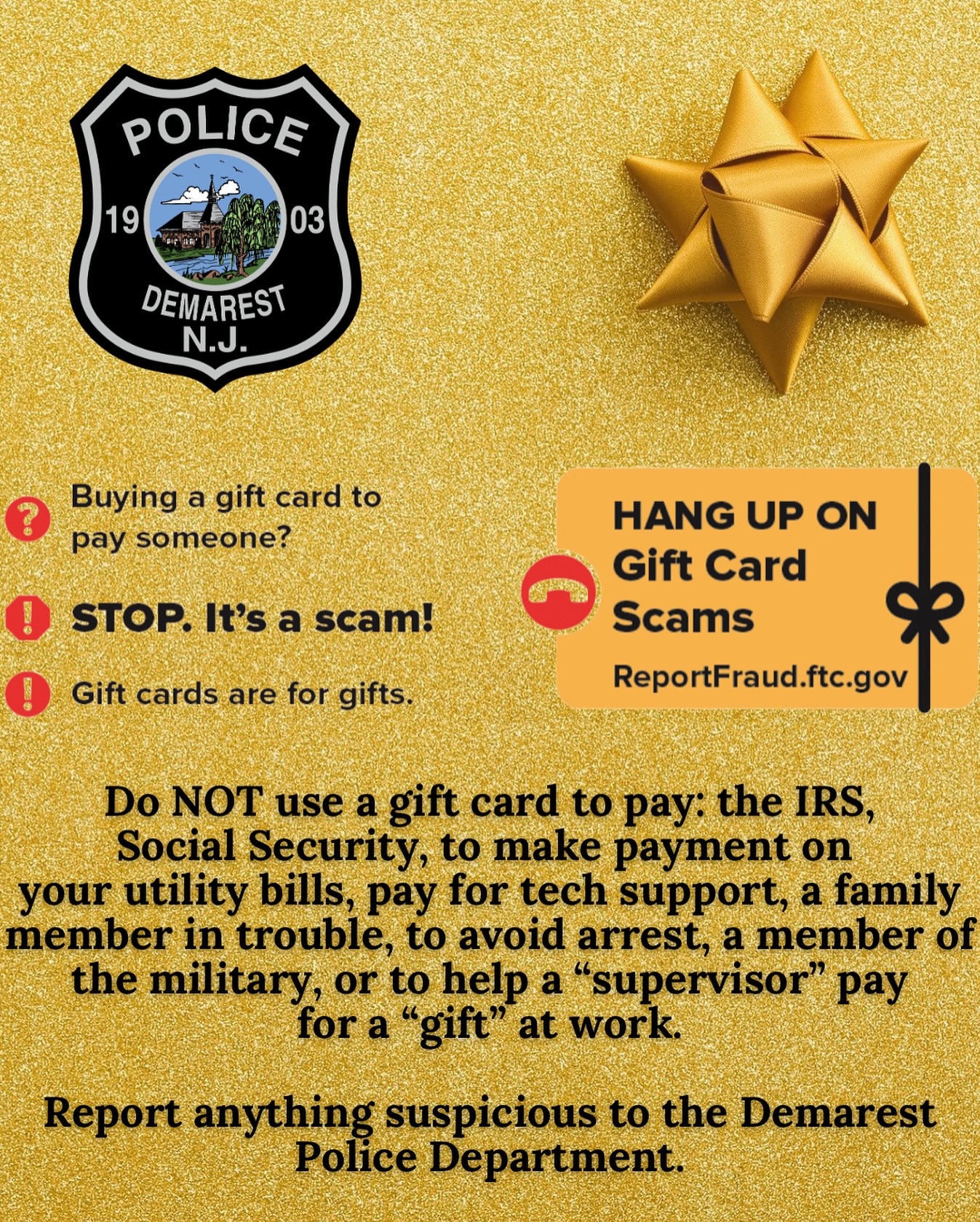 Don’t get scammed! Gift cards are for gifts — not for payments. If someone asks you to pay with a gift card, it’s a scam. Stay alert, double-check, and protect your money
