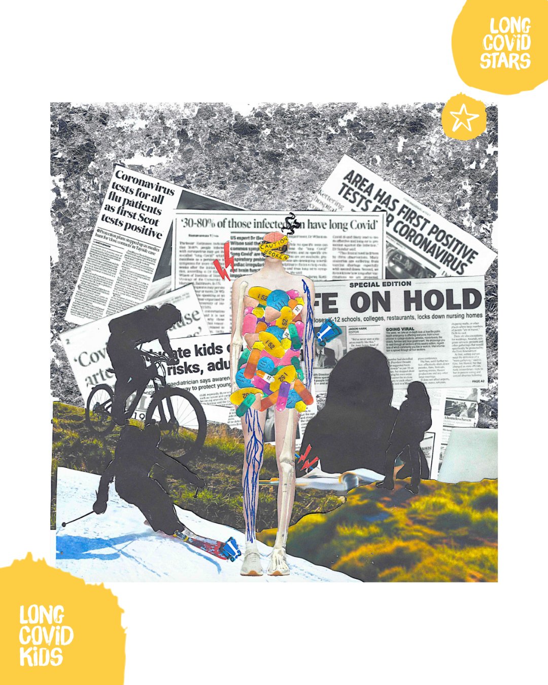 #LongCovidStars
🌟✨ From the artist: Elizabeth Jelley
‘This artwork is a representation of what my life has become and what I no longer can do because of Long Covid. The news articles in the background showcase how I must constantly be aware of any news on my condition.
The shadow figures show how I've become a shadow of my former self, unable to participate in any activities I used to love. The person in the centre is a representation of my daily life and how I must deal with my body giving out on me and the amount of medications I must take to make life bearable.’
#LongCovid #LongCovidKids