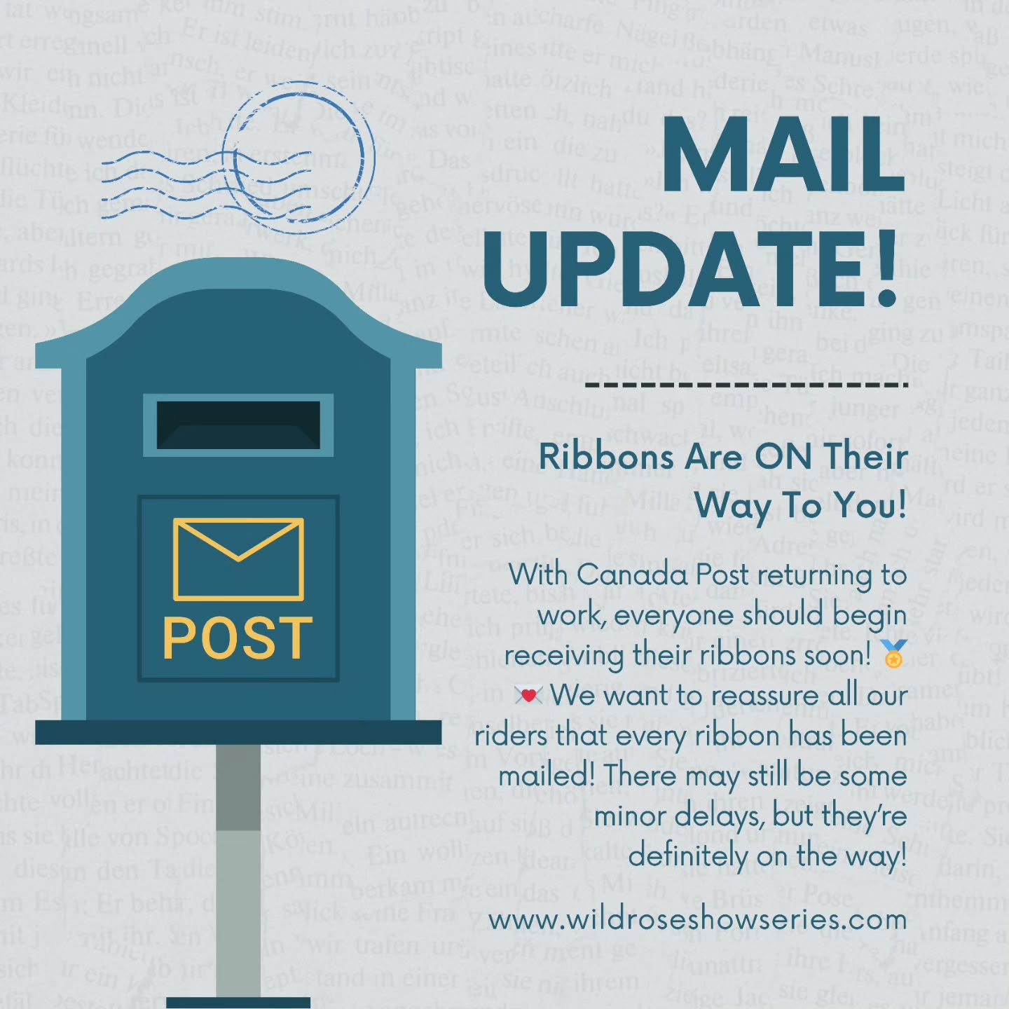 ✨📬 We’re happy to announce that Canada Post is returning to work after the recent mail strike! 🎉
This means everyone should begin receiving their ribbons soon! 🏅💌 We want to reassure all our riders that every ribbon has been mailed — there may still be some minor delays, but they’re definitely on the way! 🚚🇨🇦
Thank you all for your patience and understanding — we can’t wait for you to receive your well-earned ribbons! 💖🐴