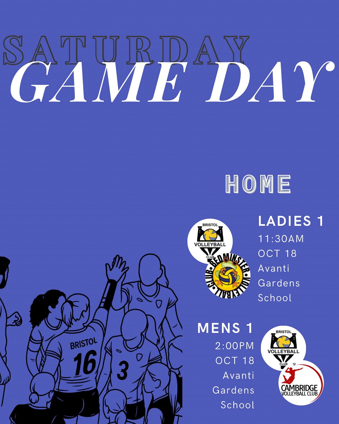 💛 GAME DAY ALERT 💙
Another big weekend for Bristol VC let’s bring the energy! 🔥
Plenty of action both home and away, so come down to Avanti Gardens School to cheer up for our teams at home, or send your support to those, who’re playing away!
🏐 HOME
📅 Saturday, Oct 18 – 11:30 AM
Ladies 1 vs Bedminster
📅 Saturday, Oct 18 – 2:00 PM
Mens 1 vs Cambridge
📅 Sunday, Oct 19 – 11:00 AM
Mens 3 vs Cardiff Aces & Cardiff VC
🏐 AWAY
📅 Sunday, Oct 19 – 1:00 PM
Ladies 2 vs City of Bristol & Southampton
Turn on post notifications so you don’t miss any of the action 👀
.
.
.
#bristolvc #volleyballengland #gameday #bristolvolleyballclub #BVC #volleyballuk #sport #volleyball #bristol #bristolsport #BVCGameDay