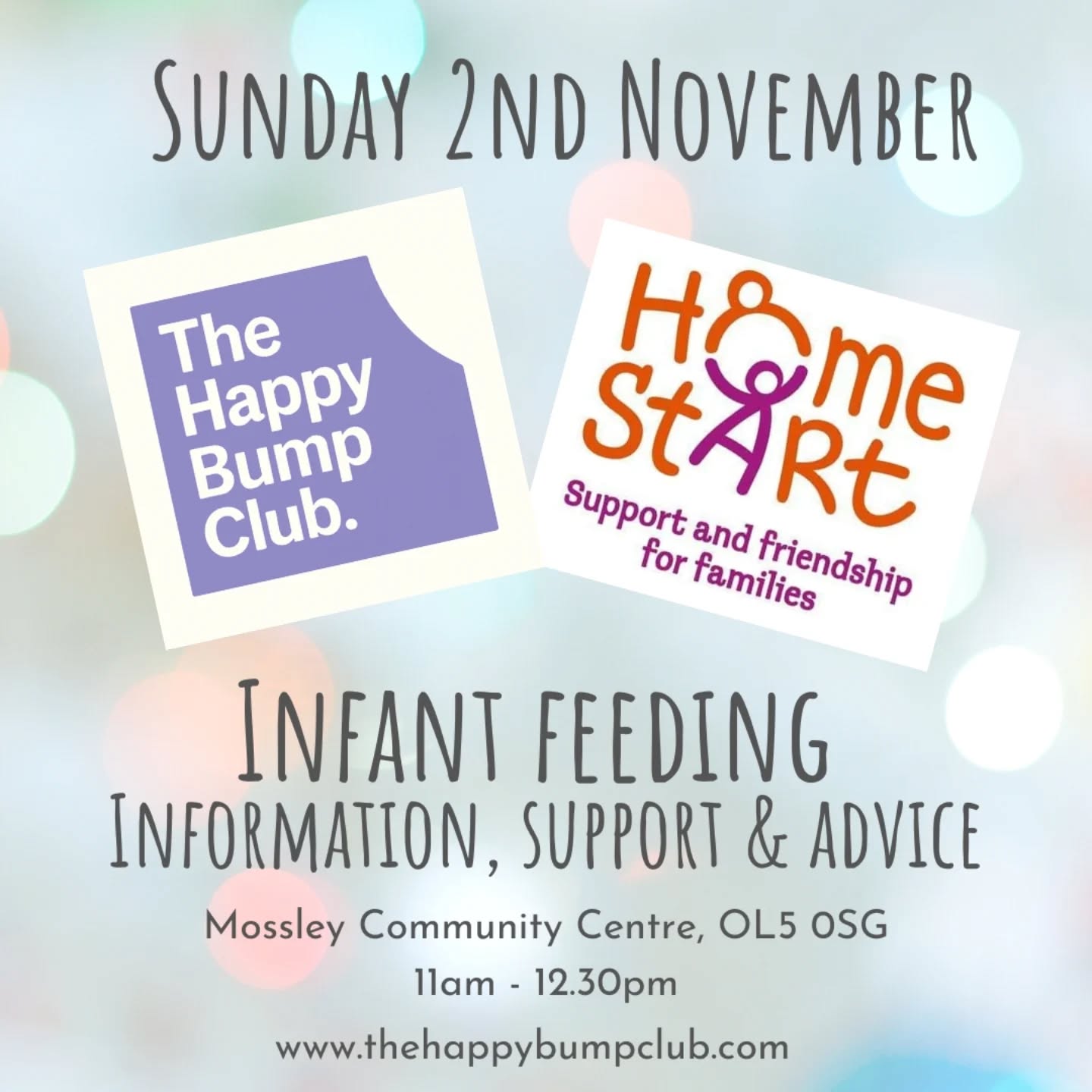 🌟 FREE PREGNANCY SUPPORT GROUP 🌟
📅 Sunday 2nd November 🌟
⏲️ 11am - 12.30pm
🏘 Mossley Community Centre
Our next session is now up and running! Come and join our friendly and informal pregnancy group. Partners and little ones welcome!
This month we have Amy from @hsinfantfeeding team!
Home Start provide practical and non judgemental feeding advice and information for you and your baby. So please feel free to join us if you have any questions or wish to get some support on the options available.
As always, its FREE! And we will have brews, biscuits, books and baby clothes donations.
You can book your place through this link below:
https://www.eventbrite.co.uk/e/the-happy-bump-club-50-tickets-1833122852799?aff=oddtdtcreator
Or via our website: www.thehappybumpclub.com
We look forward to meeting you!
Emma ❤️