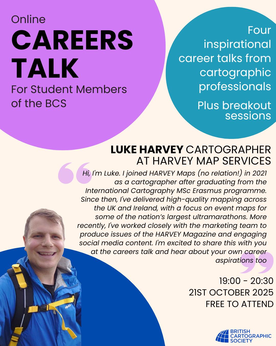 👋🏻 Hey Students! We get it, navigating career decisions in the cartographic sphere can be tricky. But we've got you...
We're hosting an online Careers Talk, FREE for our Student Members, featuring inspiring talks from four cartographic professionals (including the legendary Luke!) AND with networking breakout sessions. Keep an eye out for a sign-up link in your inbox...
If you're a student who isn't yet a BCS Member, what are you waiting for... you can join for free: see our link in bio 🤩