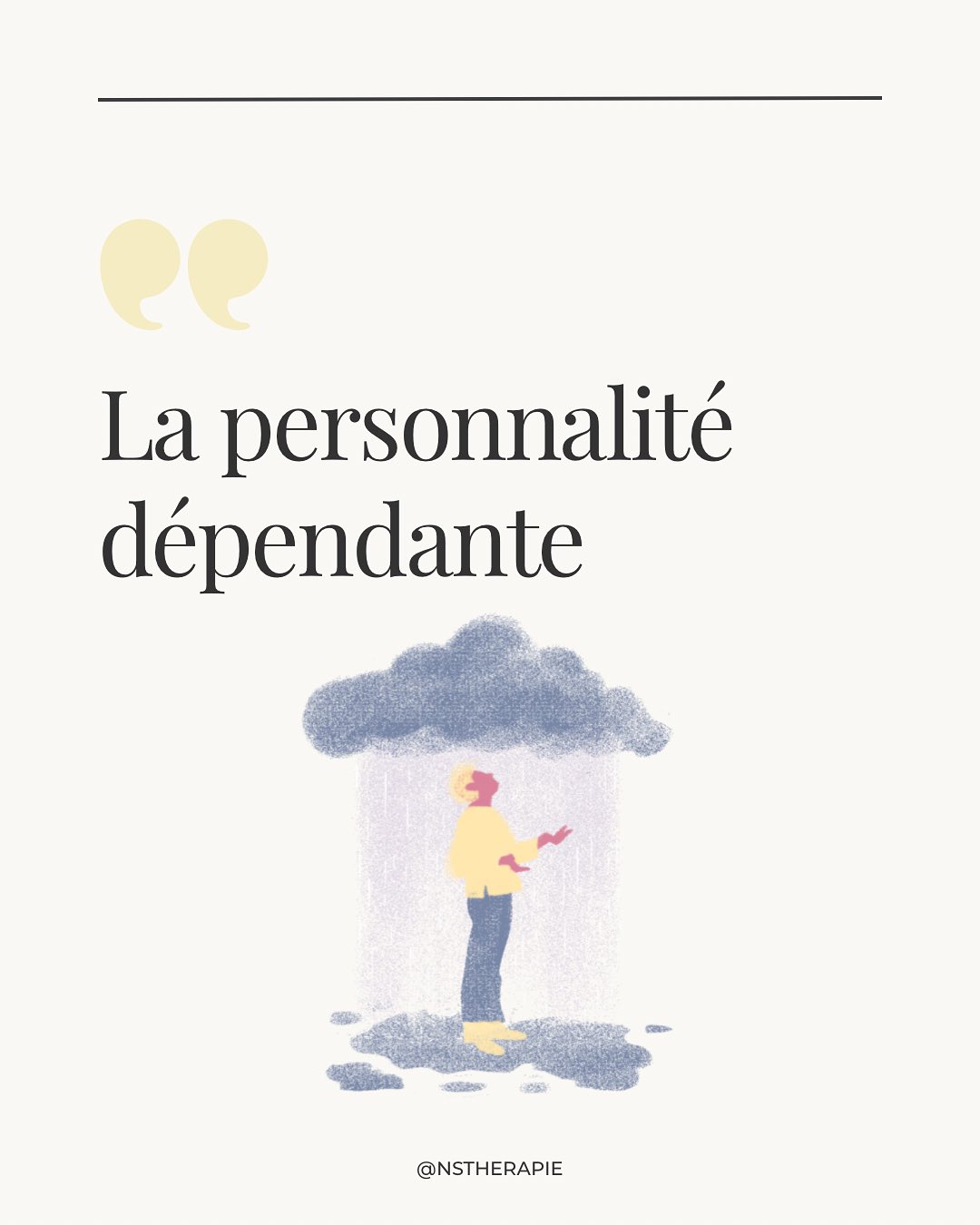 Certaines personnes ne savent pas exister sans l’autre.
Elles ne veulent pas dominer, elles veulent être tenues. Rassurées.
Leur dépendance n’est pas un caprice, mais une stratégie de survie apprise très tôt : “Si je reste sage, on ne me quittera pas.”
Le DSM-5 parle ici de personnalité dépendante :
un schéma de peur de l’abandon, de soumission affective et d’incapacité à agir seul.
Mais derrière le diagnostic, il y a surtout une blessure d’attachement non guérie.
La thérapie ne vise pas à “rendre fort” mais à restaurer la sécurité intérieure :
à apprendre que tu peux exister même sans être validé,
que la solitude n’est plus une punition, mais un retour à toi
