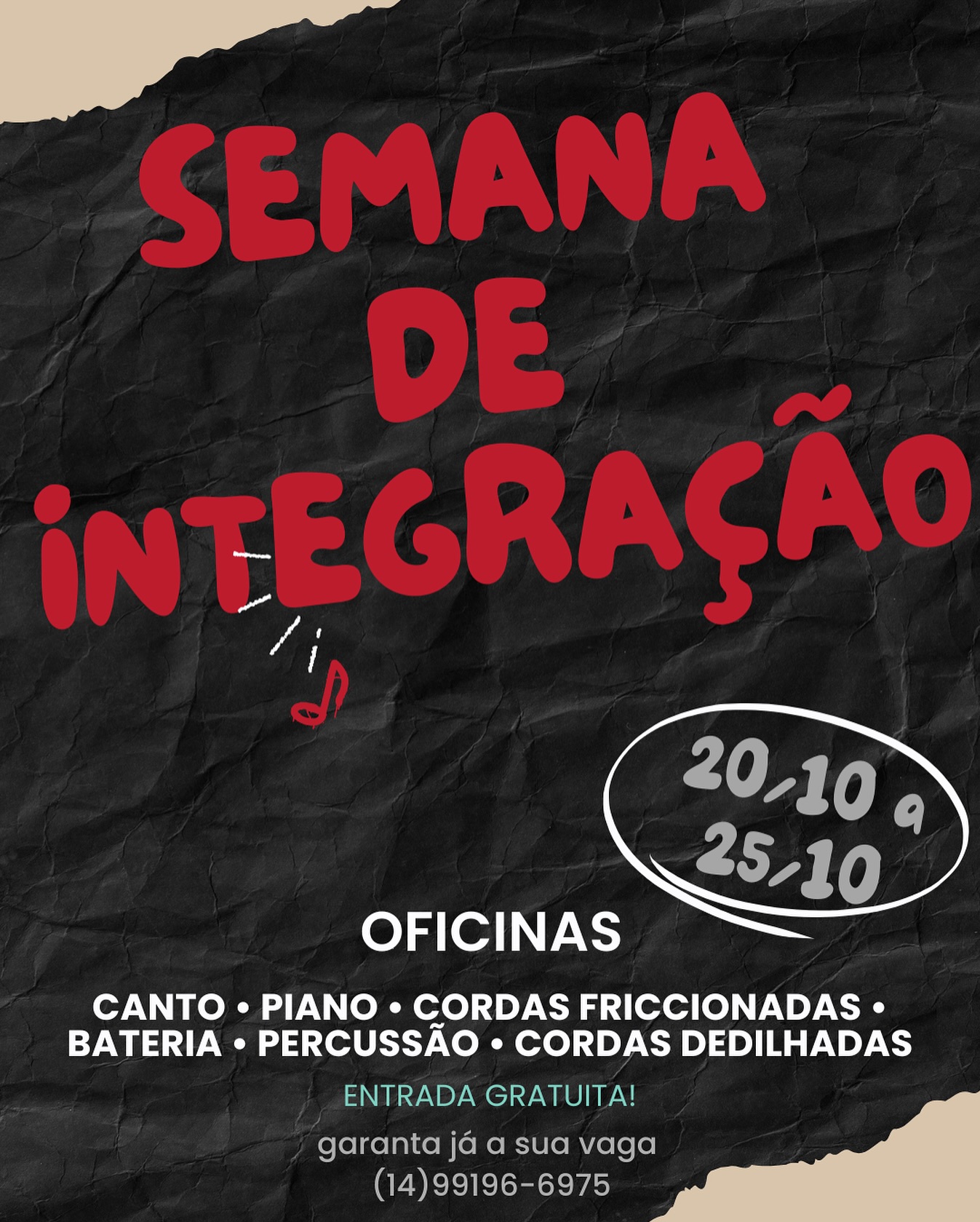 🎶 SEMANA DE INTEGRAÇÃO – BRAVO ACADEMIA DE MÚSICA
🎯ENTRADA GRATUITA
📅 20 a 25 de outubro de 2025
Uma semana inteira de oficinas, workshops e masterclasses abertas ao público e para alunos Bravo!
Participe, explore novas linguagens musicais e aprenda com grandes profissionais 🎵
🎤 SEGUNDA-FEIRA – 20/10
🕔 17h00 | Oficina de Bateria e Percussão – Ritmos Brasileiros
Instrutor: Rafael Soares
🕡 18h30 às 19h30 | Oficina de Música de Câmara
Instrutor: Wallace
🎸 TERÇA-FEIRA – 21/10
🕖 19h00 | Imersão à Pentatônica
Instrutor: Rodolfo
🕖 19h00 | Workshop de Bateria
Instrutor: Vitor
🎶 QUARTA-FEIRA – 22/10
🎤 Masterclass de Canto – Vivian e Guilherme
🕕 18h00 às 19h30 – 9 a 18 anos (15 vagas)
🕢 19h30 às 21h00 – acima de 18 anos (15 vagas)
🎹 19h30 | Samba e Jazz: Linguagem e Improviso
Instrutor: Roger
🎸 19h00 | Imersão à Pentatônica
Instrutores: Rodolfo e Vitor
🎵 QUINTA-FEIRA – 23/10
🕔 17h00 | Entendendo Harmonia em Grupo
Instrutor: Danilo
🕖 19h00 | Aplicação Prática das Tríades
Instrutores: Rodolfo e Vitor
🎼 SEXTA-FEIRA – 24/10
🕓 16h00 | Imersão à Pentatônica
Instrutores: Rodolfo e Vitor
🕔 17h00 | Aplicação Prática das Tríades
Instrutores: Rodolfo e Vitor
🎹 SÁBADO – 25/10
🕙 10h00 às 11h30 | Oficina de Canto e Piano Kids (5 a 10 anos)
Instrutora: Vivian
💬 Inscrições abertas no WhatsApp (14)99196-6975
🎵 Vagas limitadas — participe e viva uma semana de música, aprendizado e integração!
