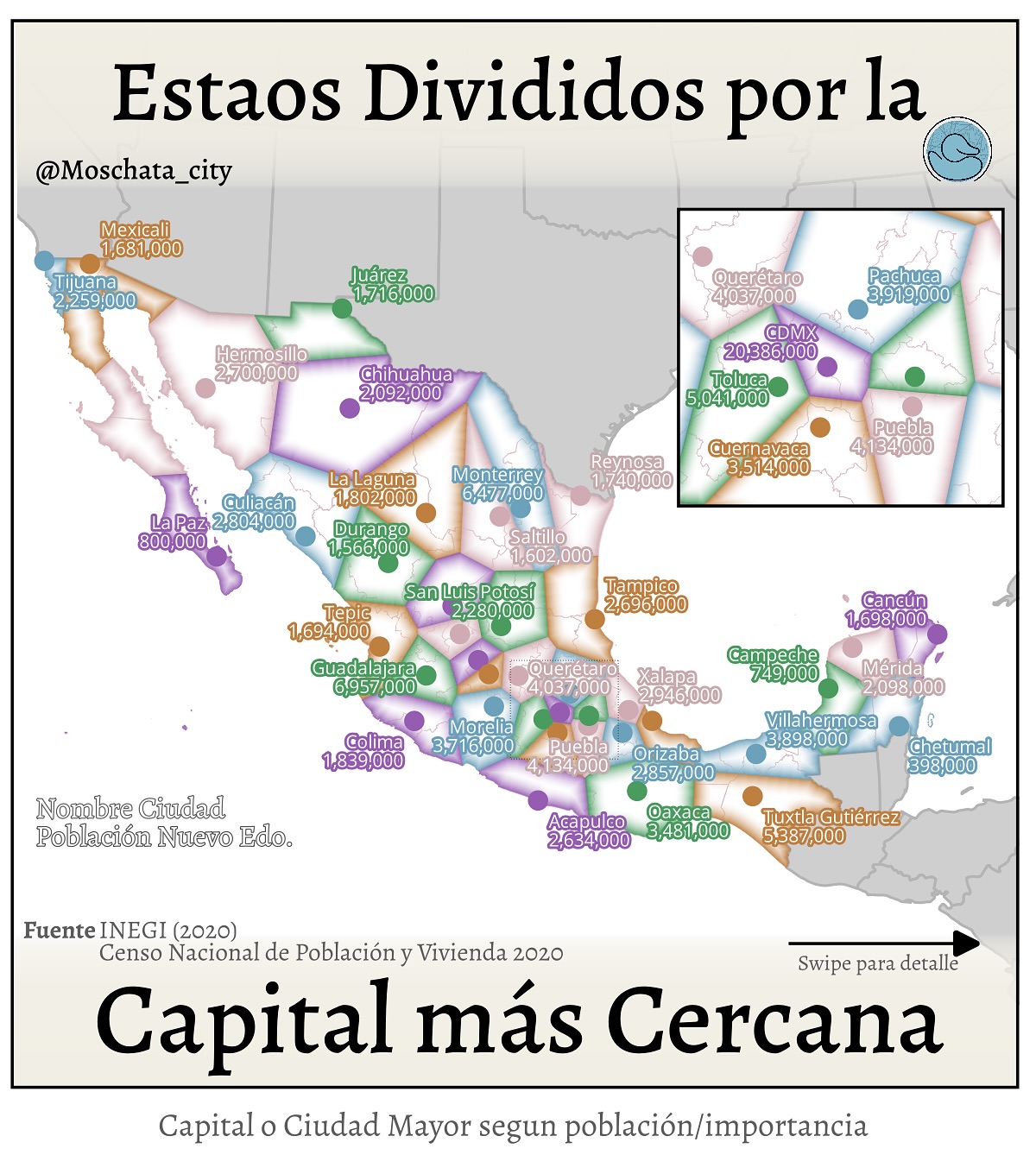 ¿Cómo se verían los estados en México si se definieran por la capital más cercana?
Para este análisis, no solo se usaron las capitales actuales, sino también se cumplió el sueño guajiro de los acapulqueños, leonences, cancunenses, etc de tener su propio estado. Además de que cada nuevo estado tiene consigo su nueva población
Tú qué opinas? Te gustaría esta nueva división? En qué nuevo estado queda tu ciudad? Cómo crees que deberían cambiar los nombres?