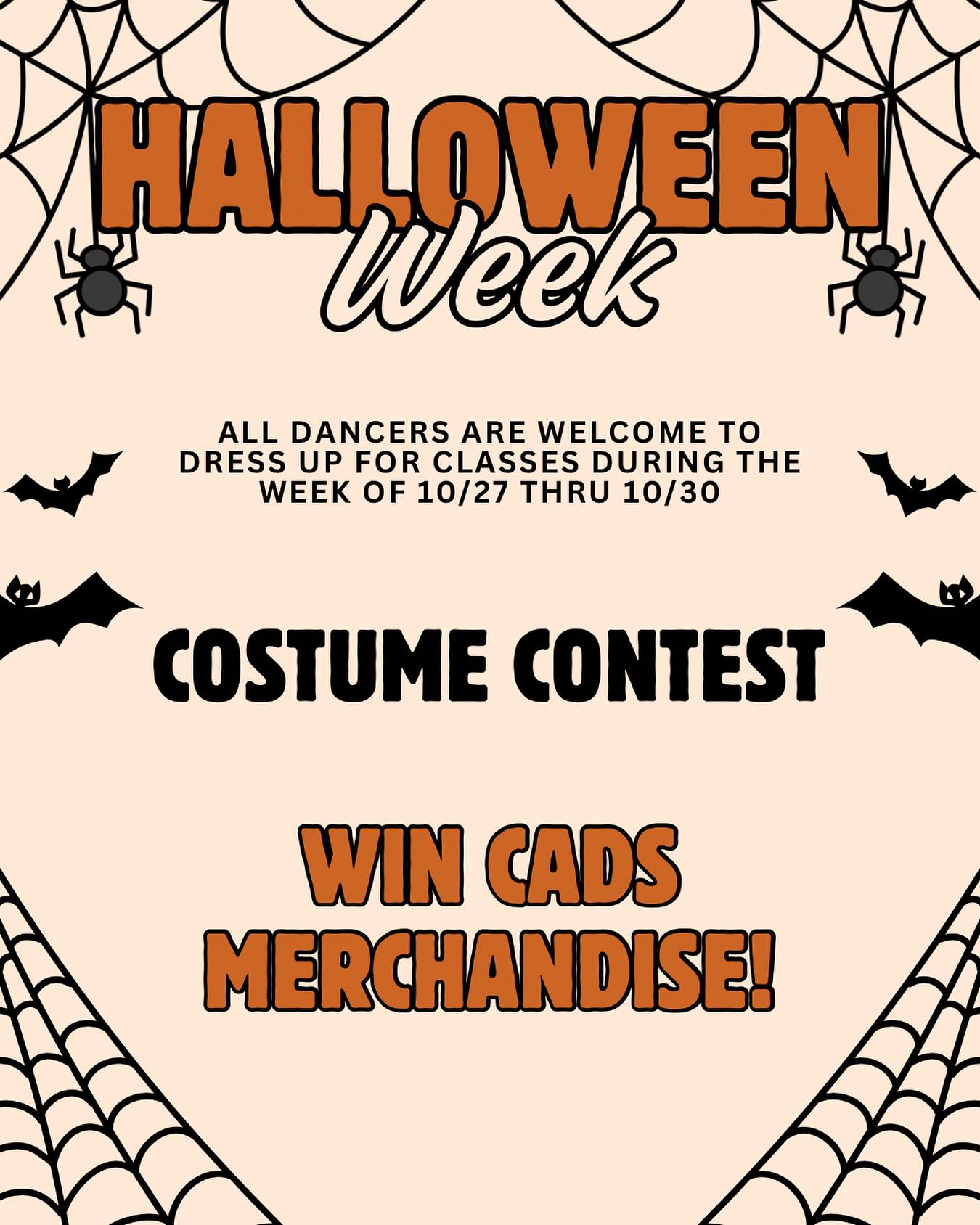 It’s Halloween week at the dance studio!!
All dancers are welcome to dress up in Halloween costumes the week of 10/27 thru 10/30. Everyone that dresses up will be entered in a costume contest to win CADS merchandise!!
#dancer #halloweenweek #dancestudio
#cadsdancer #halloweencostumecontest