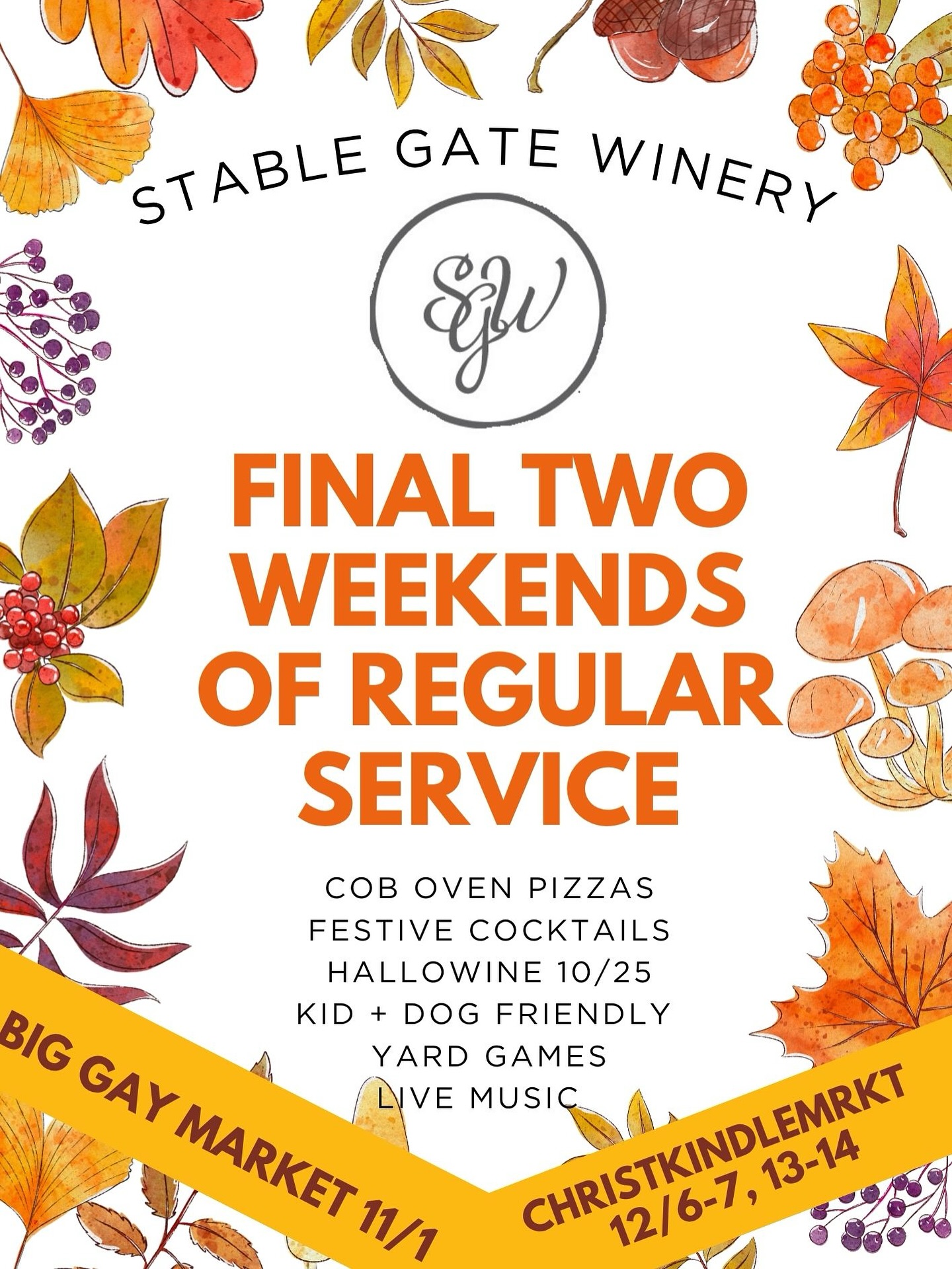Through fallen leaves thick with the foreshadowing
Of times colder, The crisp, crackle of feet amidst the unleaving Of a newly-found, coarse-cobbled autumn grove - No time to mourn, but to turn, like the Birds
Last full weekend 10/26 and last day of service 11/1!
FINAL 2025 PUBLIC EVENTS:
10/24 – Kevin Richard’s Boot Scoot’n Halloween Dance @kevinrichardsdj
10/25 – HALLOWINE with the @therivermen
and Halloween Cupcake & Charcuterie Workshop with @goudagigglescharcuterie @sharracaylacupcakery
10/26 @fourcornerschatham stable gate winery 4 course meal with wine pairings
11/1 – A Big Gay (Spooky) Market @abiggaymarket
and Kids Yoga Rave @katemaranvillehiser
11/16 Sip with the Stars with @thecosmicmermaidastrology
12/6-7 and 13-14 5th Annual Christkindlemarkt !
#SupportLocal #StableGateWinery #vineyards #upstatenyweddings #vineyard #hudsonvalley #albany #upstateny #SipLocal #HudsonValleyWinery #CommunityEvents #HudsonValleyEvents #WeekendPlans #SipAndSavor #WineryLife #SipAndStay