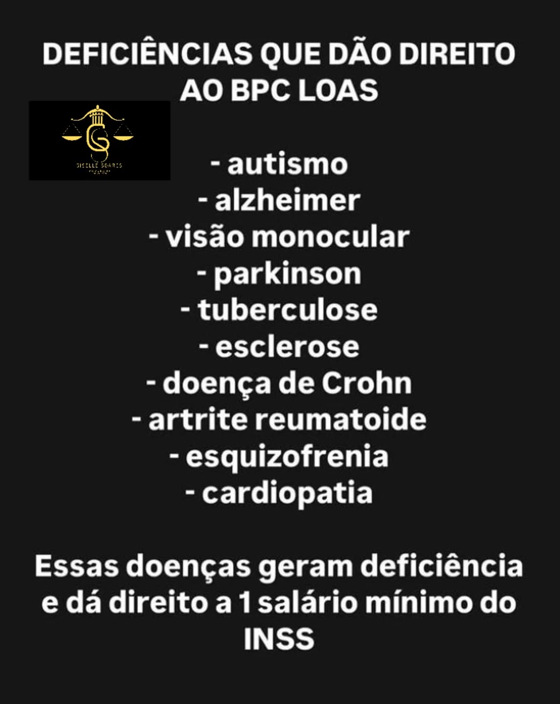 💡 Você sabia?
Diversas doenças podem gerar direito ao BPC/LOAS, um benefício assistencial que garante 1 salário mínimo mensal para pessoas com deficiência ou idosos com baixa renda.
Mas atenção! 👉 Não é apenas o diagnóstico que garante o benefício.
O INSS avalia se a doença causa limitação nas atividades da vida diária e se a renda familiar é baixa.
📲 Quer saber se você (ou um familiar) tem direito?
Entre em contato conosco e faça uma análise gratuita e sigilosa!
👩⚖️ Escritório GISELLE SOARES ADVOCACIA
📍 Atendimento presencial e online em todo o Brasil
📞 91- 989138626 | 💌 @advgisellesoares
#BPC #LOAS #DireitosSociais #BenefícioAssistencial #AdvocaciaPrevidenciária #DireitoPrevidenciário #INSS #Aposentadoria #BenefícioDoINSS #DireitoÉPraTodos