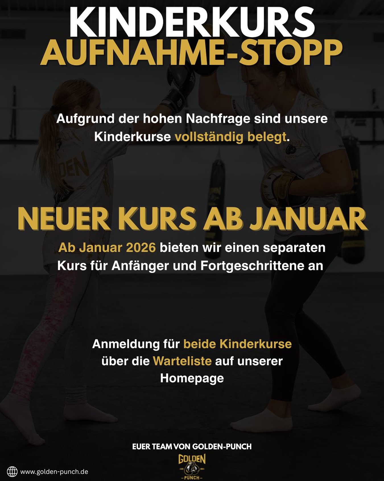 Kinderkurse bei Golden Punch – Aufnahme-Stopp & neuer Kurs 🥋
Unsere Kinderkurse sind derzeit vollständig belegt – was uns unglaublich freut! Vielen Dank für das große Interesse und euer Vertrauen. 💛
Da die Nachfrage weiterhin sehr hoch ist, starten wir ab Januar 2026 einen zusätzlichen Kurs für Anfänger.
Um euch einen Platz zu sichern, könnt ihr euch jetzt auf unserer Warteliste eintragen. Sobald die neuen Kurse starten, melden wir uns bei euch persönlich.
👉 www.golden-punch.de/kickboxen-kinder
Wir freuen uns darauf, viele neue Gesichter im kommenden Kurs begrüßen zu dürfen! 🥊
#selbstverteidigung #kidsboxing #fight #respect #motivation