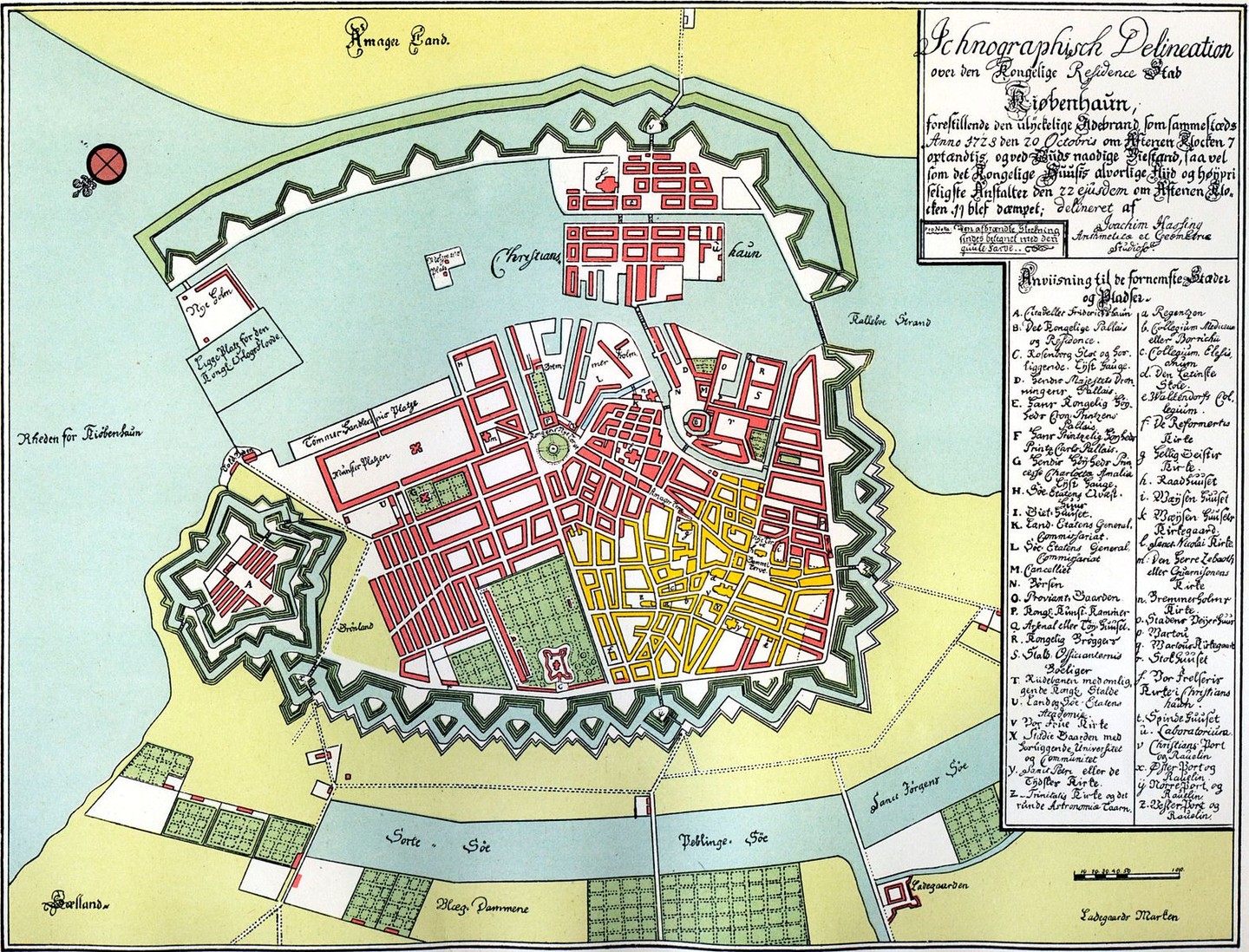 #MapMonday On this day in 1728, the Great Fire of Copenhagen broke out at the Vesterport (the West Gate). It lasted for 3 days, and destroyed about one third of the city. The map, produced by Joachim Hassing, shows the burned areas marked in yellow. https://en.m.wikipedia.org/wiki/Copenhagen_Fire_of_1728