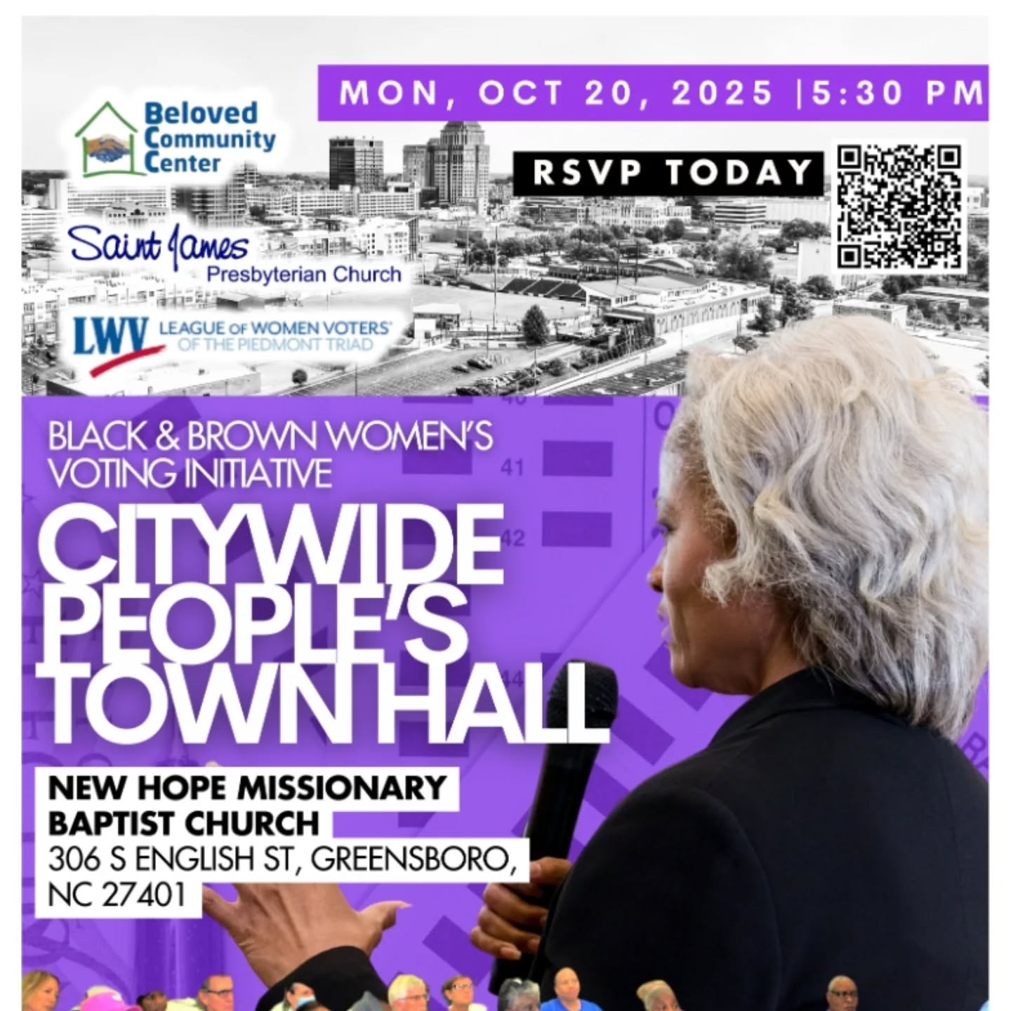 Sharing Community event:
Citywide People’s Town Hall | Monday, Oct 20 at 5:30 PM
New Hope Missionary Baptist Church
306 S English St, Greensboro, NC 27401
RSVP: https://actionnetwork.org/events/citywide-peoples-town-hall
For questions or more information, please contact us at (336) 230- 0001
or info@belovedcommunitycenter.org.