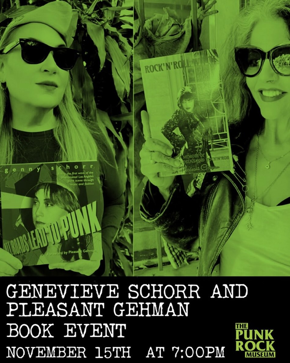 Genevieve Schor and Pleasant Gehman have known each other since the birth of the LA punk scene. They bonded at wild afterhours parties with The Ramones, The Damned, Blondie, The Screamers and many more. Genevieve was one of the founders of Backstage Pass, a pioneering mostly female band that helped put Hollywood punk and LA’s first punk club The Masque on the map.
Pleasant started the raucous all girl band The Screaming Sirens which Genevieve later briefly joined as guitarist.
Both are writers and memoirists. Pleasant has written several books on her wild adventures in Hollywood and beyond, most recently, Rock & Roll Witch. Genevieve’s new book, All Roads Lead To Punk reads like a lost diary of her surfing the first wave of punk through music and fashion.
Genevieve and Pleasant will be leading tours November 14th - 16th, recounting their many wild stories about being on the scene in such a remarkable time in Los Angeles.
Aside from tours, they’ll also be reading from and signing their books at The Punk Rock Museum at 7 pm in the Three Star Punk Bar on Saturday, November 15th.