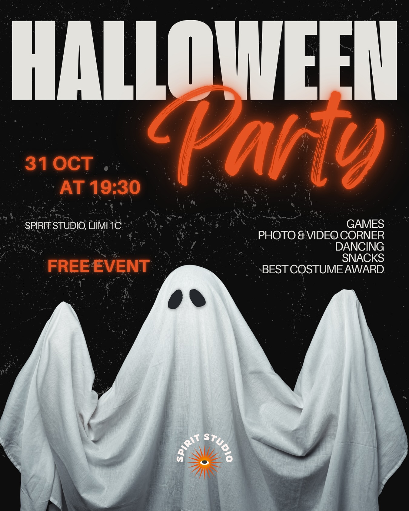 ๐ SPIRIT STUDIO HALLOWEEN PARTY OCT 31ST๐
๐ป Dancing & games
๐ธ A photo & video corner
๐ Best costume competition (awarded)
๐ฟ Bring your own halloween themed snacks
Sign up for free at
https://www.spiritstudio.ee/event-details-registration/halloween-party
See you all Spirits on the spooky day ๐ป