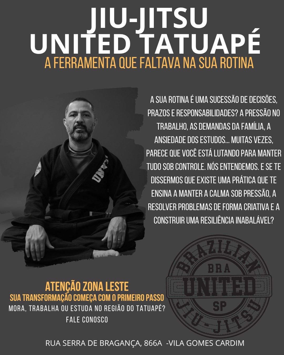 "Mas eu não sou jovem / não tenho porte de atleta / estou fora de forma."
Ótimo! O jiu-jitsu é conhecido como "arte suave" exatamente por isso. Ele foi criado para que a técnica e a inteligência vençam a força bruta. Aqui, você começa no seu ritmo, respeitando seus limites e evoluindo a cada dia.
Agende sua Aula Experimental Gratuita!
Venha conhecer nosso ambiente, conversar com nossos professores e sentir na prática como o jiu-jitsu pode ser a ferramenta que faltava na sua vida.