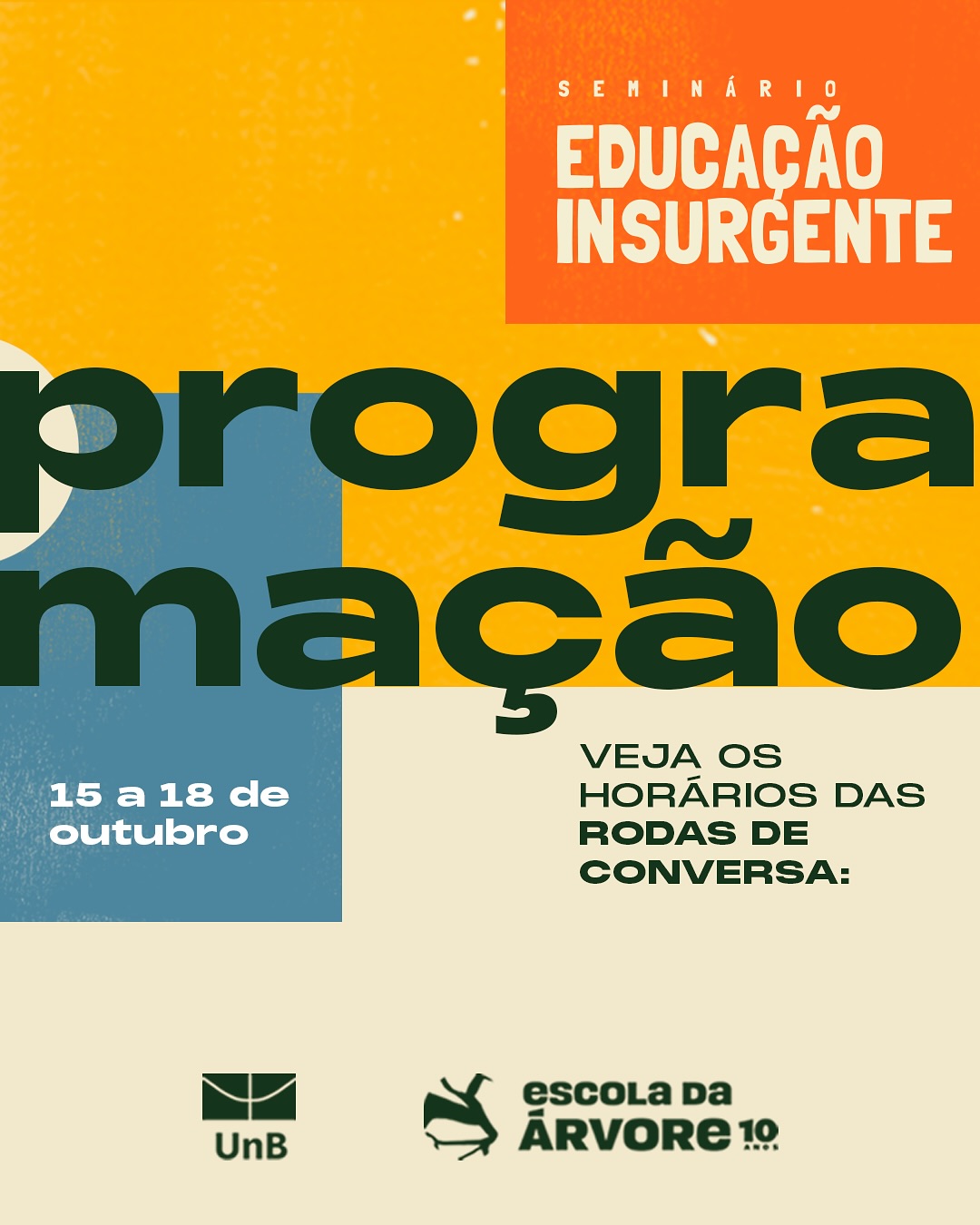 A programação do Seminário Educação Insurgente está completa.
Serão quatro dias de vivências, trocas e reflexões que celebram os 10 anos da Escola da Árvore e fortalecem a construção de uma educação comprometida com a transformação social.
No dia 15 de outubro, abrimos o encontro com a visita imersiva “Tirem os sapatos e pisem no chão”, na Escola da Árvore. À noite, a abertura institucional e temática acontece na Universidade de Brasília, no Auditório Esperança Garcia, com a presença de @le_ticiaraujo e @airygaviao .
Nos dias seguintes, as rodas de conversa tomam o Auditório Esperança Garcia (Faculdade de Direito da UnB) como espaço central de partilha, reunindo pesquisadoras, educadores e ativistas de todo o país em diálogos sobre educação, justiça social, inclusão, diversidade e futuro.
As oficinas acontecerão na Faculdade de Educação, aproximando teoria e prática em experiências coletivas.
O encerramento, no sábado (18/10), será marcado pela roda “Nunca fomos humanos” e pelo show de Mateus Aleluia @mateusaleluia, celebrando o encontro e a força ancestral que nos atravessa.
📍 Locais: Escola da Árvore e Universidade de Brasília
📆 15 a 18 de outubro de 2025
🗓️ Para ver a programação completa e horários detalhados, acesse o site