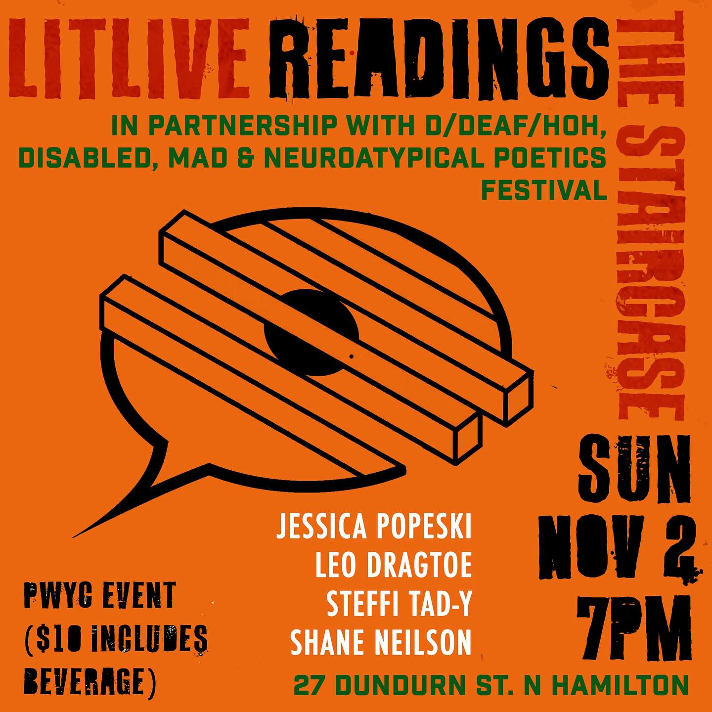 Join us NOV 2, 7pm at @thestaircase for a special LIT LIVE in partnership with the d/Deaf/HOH, Disabled, Mad & Neuroatypical Poetics Festival! 🎤📖🎤Featuring: @jessicapopeski @leodragtoe @steffitaddashy @sneilsonwwh
#litlive #hamont #readingseries #writingcommunity #canlit