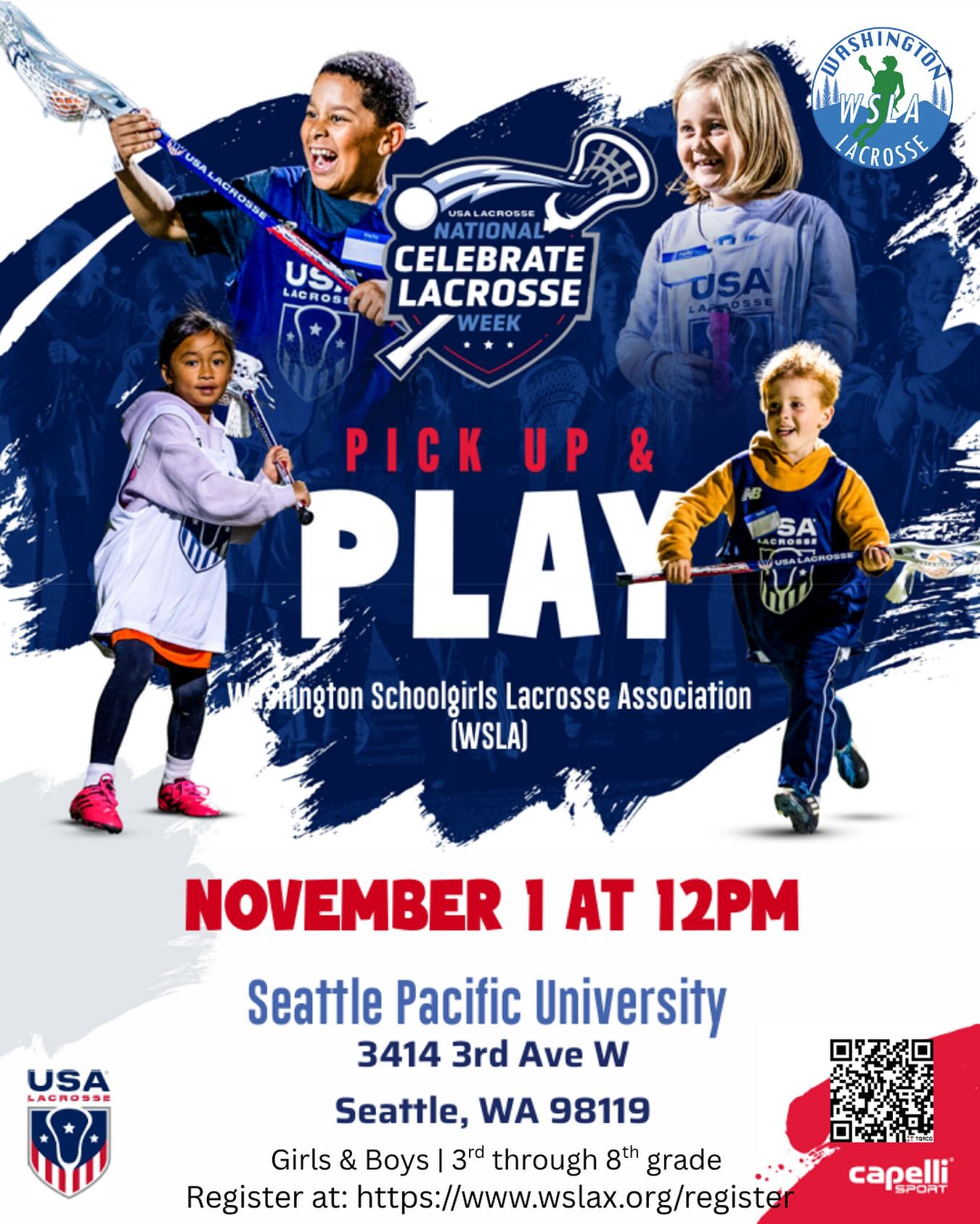 Free try lacrosse oppty for boys & girls across Seattle. Nov 1st, 12pm at SPU! See https://www.wslax.org/register to register.