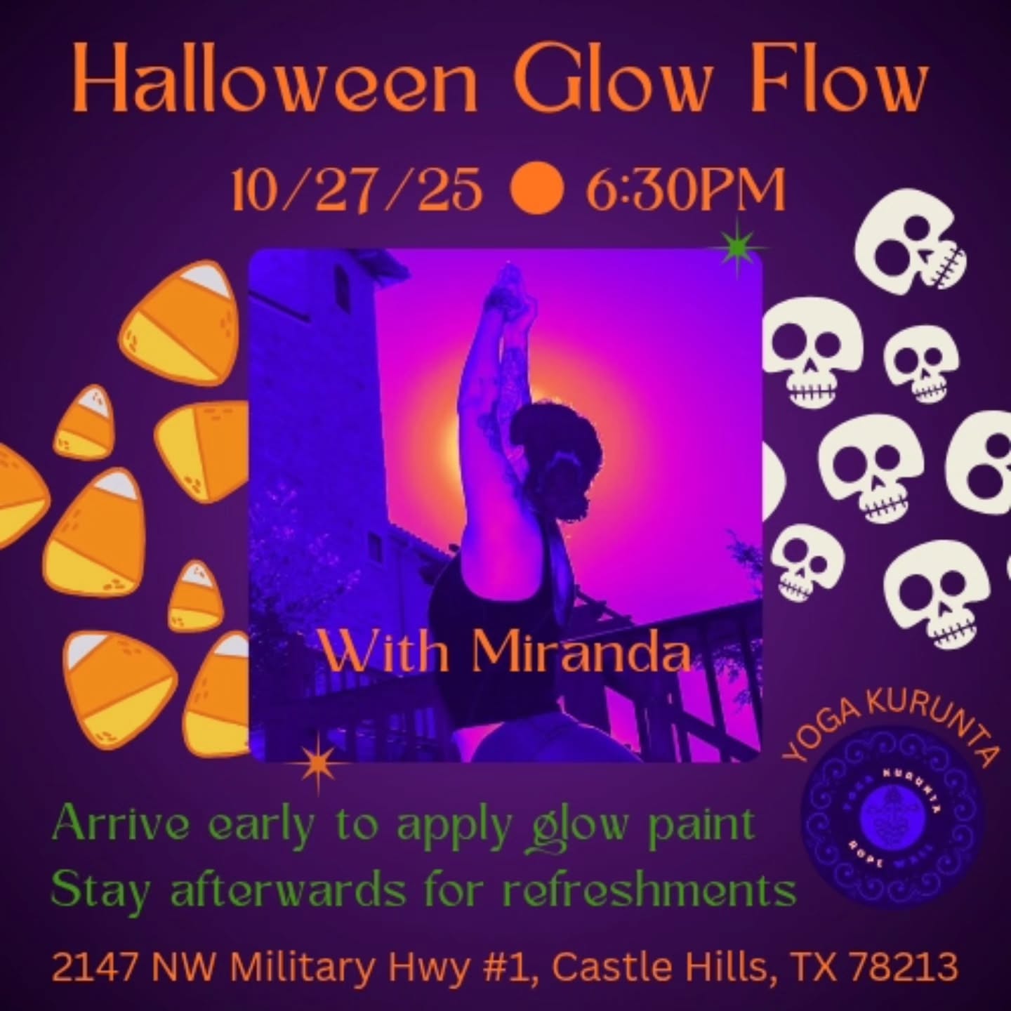 It's that time of year again and we can't wait to get spooky with you! 👻🧟♀️
Halloween Glow Flow 👽 Monday, Oct 27 👽 630pm with Miranda @mdellano1
Join us in the studio to celebrate Halloween in a fun and festive way - with Glow Yoga! This event is for all of our fun loving yogis to come together for a night of yoga, music, neon and black lights that will make your soul GLOW!
Come dressed in your whitest and brightest clothing. Plan to arrive early to add some glow in the dark accessories so you will glow and flow under the black lights through this all levels Vinyasa yoga class.
Stay after for a pumpkin carving/painting pot luck! BYOP (bring your own 🎃) and a dish to share! We will provide the rest!
Register through Mindbody or grab a spot through Classpass!
.
.
.
#yogakurunta #yogakuruntasa #sanantonioyoga #sanantonioyogateacher #satxyoga #210yogis #halloween #flowyoga #glowinthedarkyoga #yogainsanantonio #blacklightyoga #halloweenyoga #comehangwithus #hangingwiththeomies #castlehills #castlehillstx