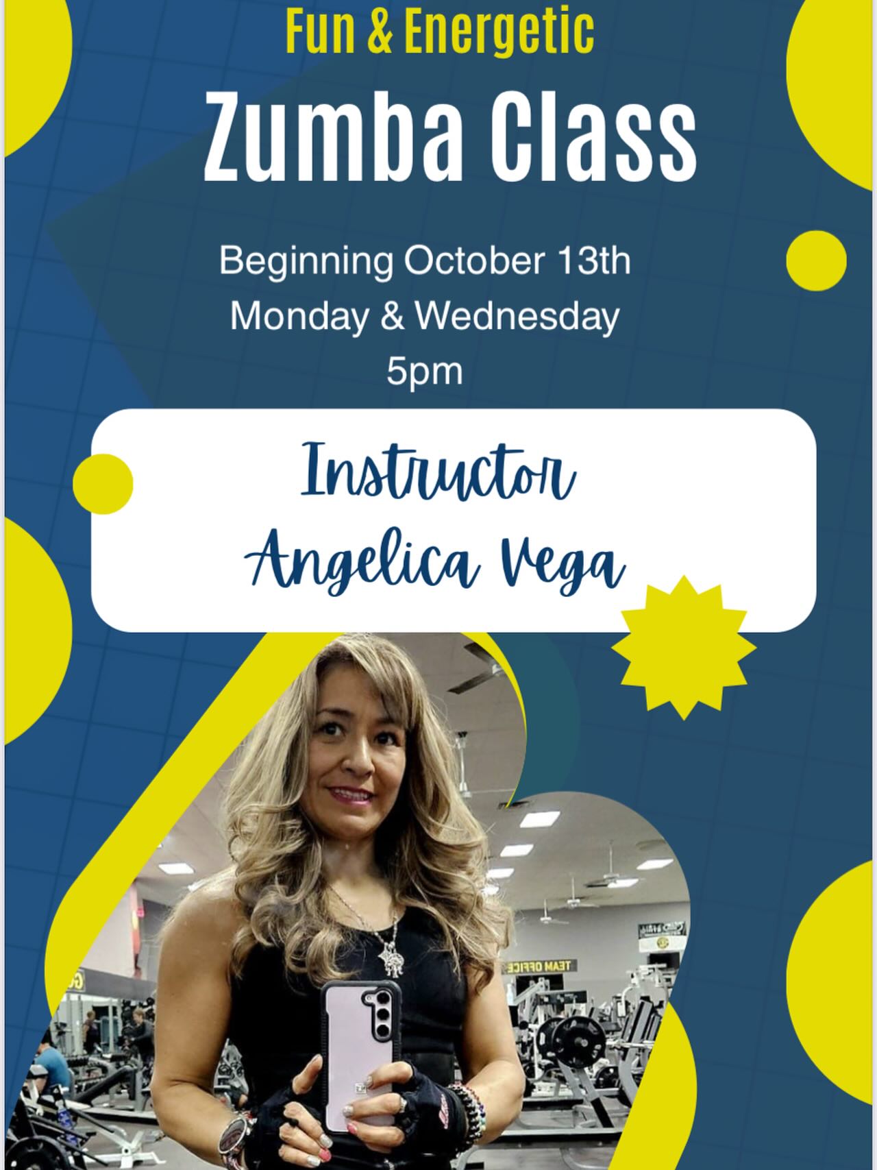 Get ready for our new Zumba class with our new instructor, Angelica!
Zumba starts tomorrow, October 13th! Join us every Monday & Wednesday at 5 PM for a fun, high-energy workout you’ll look forward to!