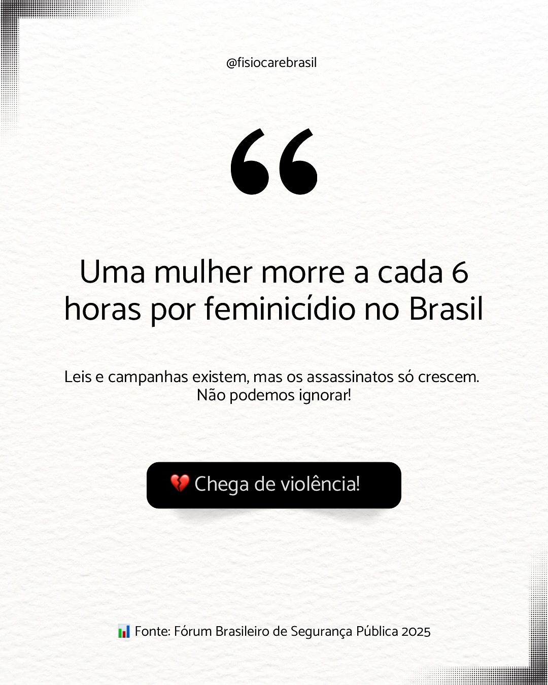 🚨 A violência contra a mulher no Brasil não pode ser silenciada!
😞 A cada 6 horas, uma mulher perde a vida para o feminicídio. Os números crescem, as histórias se repetem, e precisamos agir AGORA!
💜 Deslize para entender a gravidade, conhecer os dados e saber como ajudar.
Denuncie: Ligue 180, 24h, grátis. Juntas, podemos mudar essa realidade! ✊
#FeminicídioÉCrime #MulheresEmRede #PeloFimDaViolência #Ligue180 #MulheresUnidas #nãoénão