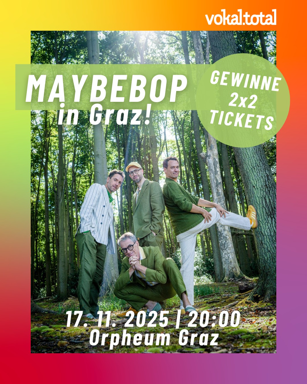 Maybebop are back in Graz! Die Vokalgruppe hat 2007 bei vokal.total in den damaligen Kategorien „Pop“, „Jazz“ und „Comedy“ teilgenommen, drei GOLD Diploma erhalten, zwei erste und einen zweiten Platz gemacht! 🤩 Mittlerweile haben sie unzählige Alben herausgebracht und sind eine der bekanntesten deutschen A-cappella-Bands. 🎶 Am 17. 11. 2025 sind sie mit ihrem Programm „Wünsch Dir Was“ im Orpheum Graz. 🌟
✨ So könnt ihr 2x2 Tickets für das Konzert gewinnen:
- Folgt @maybebopofficial und @vokal.total
- Liket diesen Beitrag
- Kommentiert, wer unbedingt zum Konzert mitkommen muss
Ihr könnt bis 14. 11. 2025 mitmachen, die Gewinnenden werden per Privatnachricht kontaktiert. Viel Glück! 🍀
Dieses Gewinnspiel steht in keiner Verbindung mit Instagram. Keine Barablöse möglich.
📸: Sven Sindt