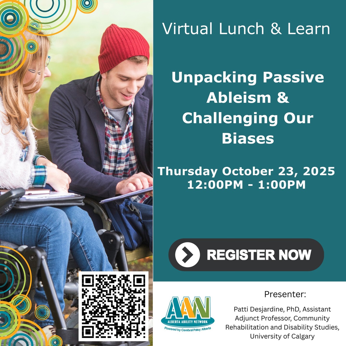Looking forward to this one! See you there, 12:00 PM on Thurs, 23 Oct.
"Unpacking Passive Ableism & Challenging Our Biases
The Social Model of Disability and the idea of ableism are not new. But in daily practice, they are often ignored.
This Lunch & Learn will look at how the medical view of disability still shapes many institutions and is quietly being brought back into the programs and services we use every day. We will then discuss how we can push back against this trend and find better ways forward.
Presenter: Patti Desjardine, PhD, Assistant Adjunct Professor, Community Rehabilitation and Disability Studies, University of Calgary"
Please note that participants are required to register in advance: https://us02web.zoom.us/meeting/register/sDsd6fesSpykC-2JNDPqCQ
#disabilityawareness #mentalhealth #bias #health #wellbeing