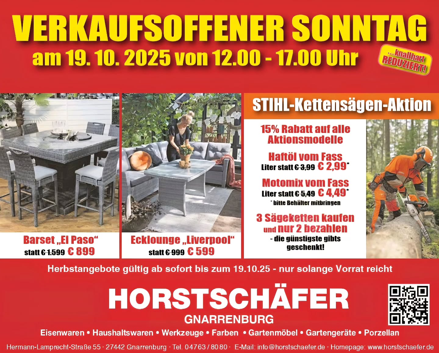 🍂 Herbstmarkt in Gnarrenburg 🍂
🎄 Lichterzauber bei Horstschäfer!
Wenn sich die Blätter bunt färben und der Herbstmarkt ruft, wird’s auch bei uns festlich ✨
Unser Lichterzauber ist eröffnet – mit wunderschöner Deko, modernen LED-Lichtern, Christbaumkugeln & vielem mehr. Dieses Jahr unter dem Motto: „Back to Nature“ 🌲🤎
🔧 Außerdem:
👉 15% Rabatt auf alle STIHL-Aktions-Kettensägen
👉 Infostand von STIHL mit Akku-Technik & Robotermähern zum Ausprobieren
👉 Gartenmöbel bis zu 50% reduziert!
Und natürlich ist auch für euer leibliches Wohl gesorgt 🍰☕️🌭
Kommt vorbei – wir freuen uns auf euch beim Herbstmarkt in Gnarrenburg! 💛
📍 Horstschäfer, Hermann-Lamprecht-Str. 55, Gnarrenburg
🗓 Sonntag, 19.10.2025 | ⏰ 12–17 Uhr
#Herbstmarkt #Gnarrenburg #Horstschäfer #Weihnachtsdeko #Stihl #Sale #Gartenmöbel #BackToNature #Dekoideen #Weihnachten #Shopping #Schnäppchen