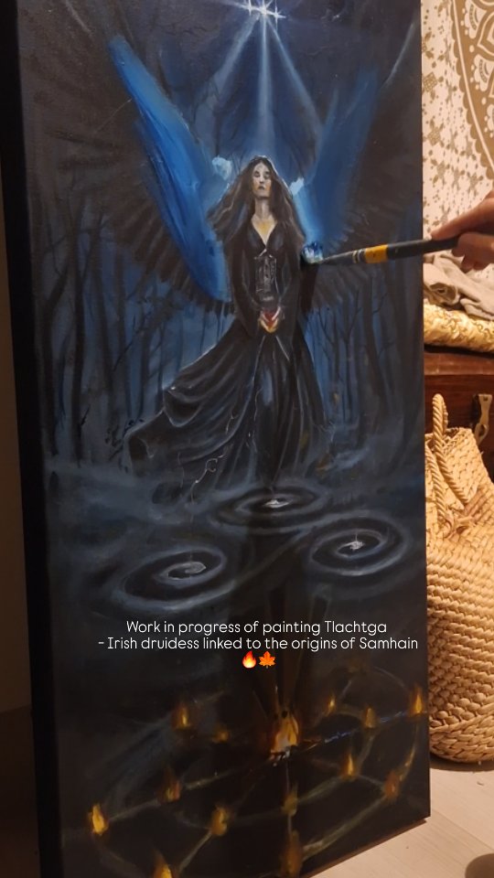 Bit of raw, unedited progress of my painting of Tlachtga, which I haven't posted anything of her here yet. I left in the audio of myself and my sister chattinfg here because there are a few metophors worth sharing! Taking out the wings to reveal more of her goddess self without distraction 🪽 An executive decision made after much mulling it over and debating. Sometimes, you can't force something to be there that just isn't meant to be there.
This is a very deep piece. It's possibly the deepest painting I have gone into to date. Tlachtga and her story are said to be the true origins of Samhain here in Ireland. She is not spoken of frequently due to many reasons. @manchanmagan (rest his soul) mentions her in a chapter of one of his books. But other than that, i havent found her to be often mentioned among the Goddesses of Ireland. She was a druidess and a mother who gave birth to three sons, Doirb, Cuma, and Muach on her hill in Athboy in co. Meath , now called the hill of Ward.
Tlachtga came to me first in a very vivid dream on the eve of Samhain 2 years ago. I have journied deep into her story to reveal this painting (still very much a work in progress here)
I plan to do a video with audio relating to her messages for the earth at this time, which she has shared with me through dream.
But for now, I would he interested to hear your thoughts feelings on this piece as it progresses to completion.
🍁🔥🌀✨️
#Tlachtga #goddess #irishgoddess #irishdruidess #hillofward #myth #Irishmythology #meath #trim #samhain #samhainorigins #wip #workinprogress #oils #oilpainting #visionaryart #irishvisionaryart #mythologicalart #celtlicart #celticmyth #irishmyth #october