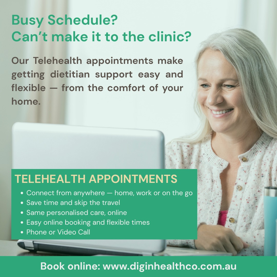 Too busy to come in? We’ve got you covered!
Our Telehealth appointments make it easy to get personalised dietitian support from the comfort of your home — no travel, no hassle. 🌿
✔️ Flexible and convenient
✔️ Same expert care online
✔️ Available Australia-wide
Book your appointment today at www.diginhealthco.com.au
#Telehealth #OnlineDietitian #NutritionSupport #DigInHealthCo #HealthyLiving #DietitianAustralia #NutritionMadeEasy #VirtualConsult #NutritionCare #HealthyHabits #WellnessJourney #HolisticHealth #weightloss #diabetessupport #lowcarb