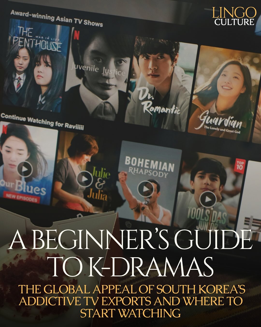 “Despite having a population of just 52 million, South Korea produces a significant number of both scripted and unscripted television. As a result, K-dramas have prioritised storytelling over cinematography to keep viewers engaged. This approach gave rise to the popularity of soapy melodramas, known as makjang, which many now associate with Korean television. However, the expansion of streaming platforms with subtitles, coupled with a growing demand for high-quality local content that rivals the crème de la crème of international TV, have transformed the industry, with cable networks and global platforms such as Netflix now investing in creative productions that elevate both form and narrative.”
Read Isabelle Monteiro’s guide to K-drama’s is out now on our website. Link in bio!
(Images courtesy of Unsplash.)
——
#lingo #lingomagazine #universityofnottingham #magazine #onlinemagazine #culture #drama #korean #koreandrama #kdrama #netflix #streaming #guide