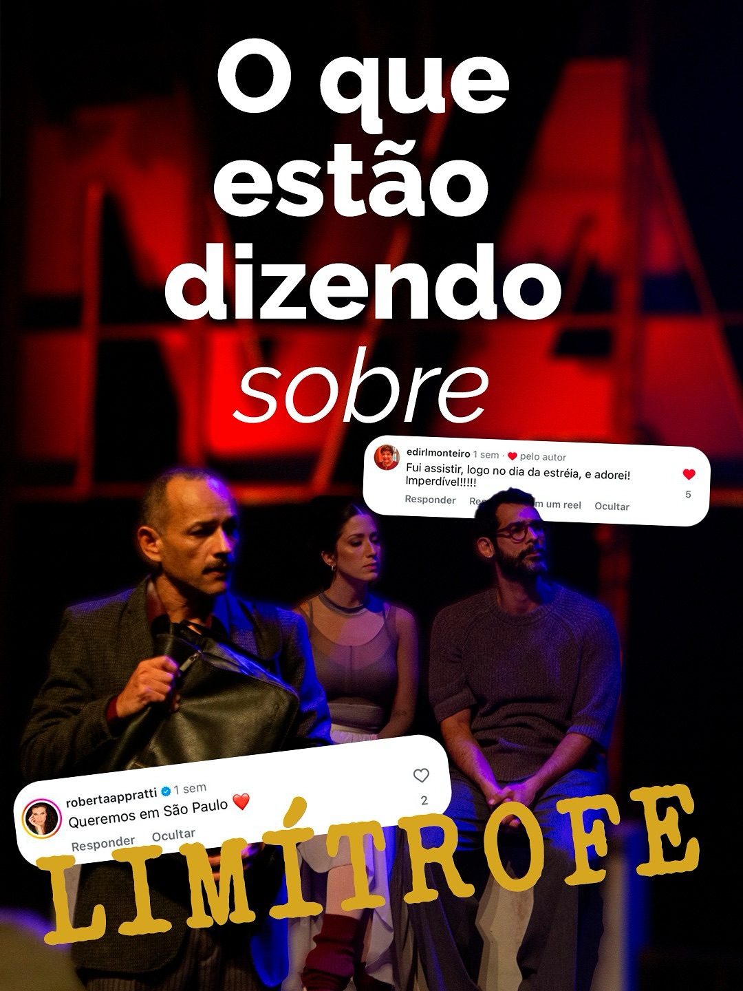 Entramos nas ÚLTIMAS SEMANAS da nossa temporada e olha só o que o público vem falando sobre Limítrofe por aqui… 💬✨
Se você ainda não assistiu, essa é a sua chance de fazer parte com a gente no Teatro Dulcina @amigos_do_dulcina .
💛 LIMÍTROFE - ÚLTIMAS SEMANAS
🗓️ Até 26 de outubro
⏰ Qui a sáb | 19h — Dom | 18h
📍 Teatro Dulcina – RJ (ao lado do Metrô Cinelândia)
🎟️ Ingressos no Sympla (link na bio)
💜 Clientes Vivo têm 50% de desconto pelo Vivo Valoriza.
Compartilha esse post e venha assistir a gente!!! ✨