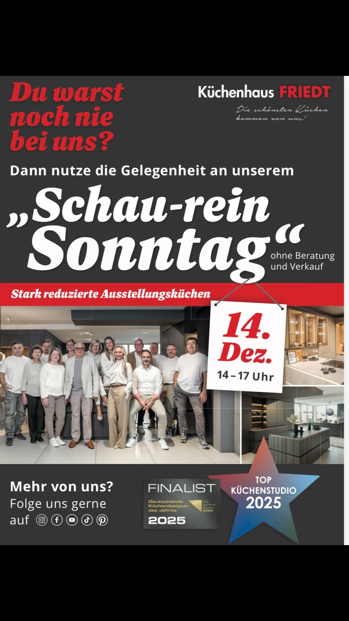 Am kommenden Sonntag, den 14. Dezember, öffnen wir von 14:00 bis 17:00 Uhr unsere Türen für euch! Kommt vorbei und entdeckt bei uns viele wunderschöne Ausstellungsstücke, die ein neues Zuhause suchen. ✨ Holt euch Inspiration und lasst euch von unserer Auswahl begeistern – ganz ohne Beratung und ohne Verkauf! Wir freuen uns auf euren Besuch in Eppingen! ❤️ #Eppingen #Ausstellung #Inspiration #Kreativität #NeuesZuhause #kraichgau #küchenhausfriedt #sinsheim #bruchsal #kraichtal #bretten #karlsruhe #pforzheim #heilbronn #küchenstudio #schausonntag