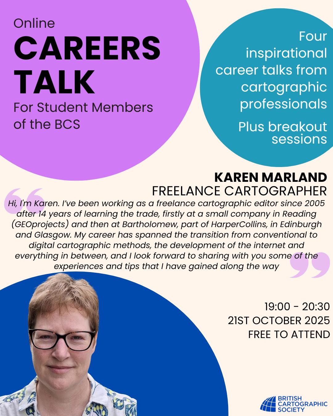 👋🏻 Hey Students! We get it, navigating career decisions in the cartographic sphere can be tricky. But we've got you...
We're hosting an online Careers Talk, FREE for our Student Members, featuring inspiring talks from four cartographic professionals (including the wonderful Karen!) AND with networking breakout sessions. Keep an eye out for a sign-up link in your inbox...
If you're a student who isn't yet a BCS Member, what are you waiting for... you can join for free: see our link in bio 🤩