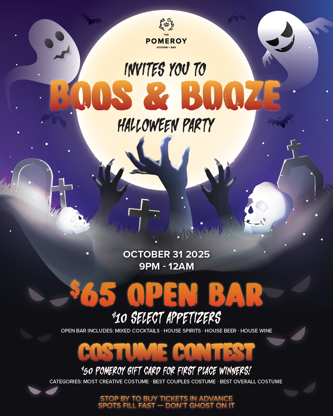 Join us Halloween night for an open bar, $10 bites, and a costume contest that could win you a $50 gift card 💸
🕘 Oct 31 · 9PM–12AM
🍹 $65 Open Bar – Includes mixed cocktails, house spirits, house beer, and house wine
🍟 $10 Select Appetizers
🎭 Costume Contest – 3 chances to win: Best Overall, Most Creative, Best Couple
🎟️ Buy tickets in advance!
Spots fill fast — don’t ghost on it.