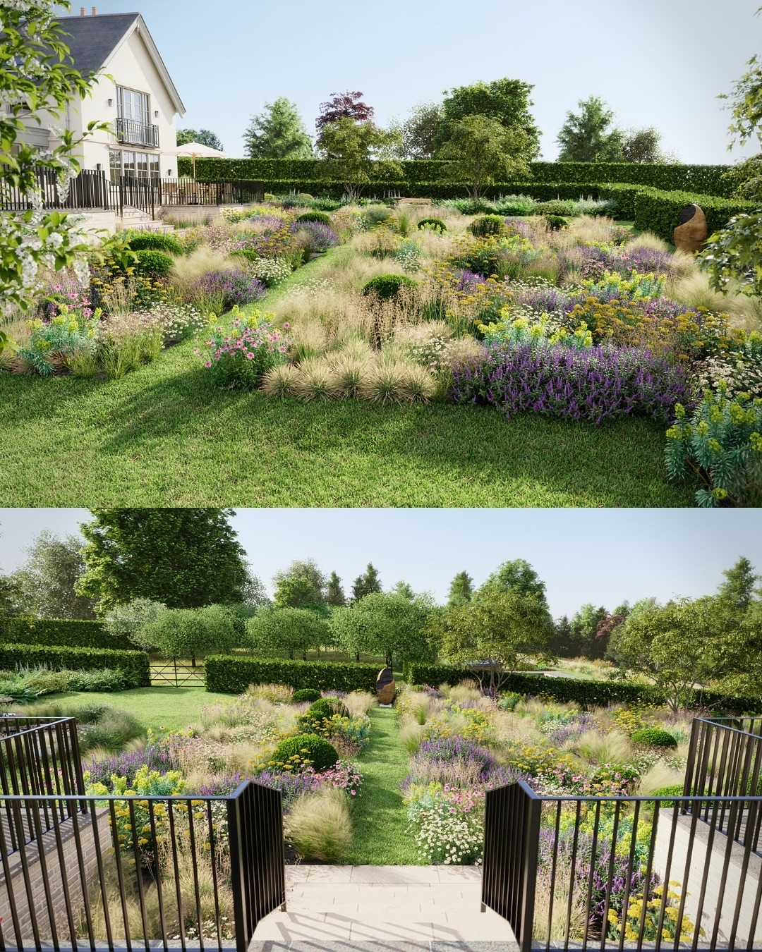 The first image shows our concept design visuals for the parterre area, and the second shows it alongside one of the wider areas that will become a wildflower meadow — swipe to see it coming to life!
We’ve already completed the wider garden and pool areas and as the house is currently being remodelled our contractor will return to landscape the areas around the house once the builders are finished.
We were lucky with two gloriously sunny autumn days for setting out the parterre. Fagus sylvatica topiary and Nandina domestica multistems give structure, surrounded by herbaceous perennials and grasses designed to provide colour all year round.
Grasses add height, texture and movement, with seedheads that sway beautifully in the breeze. Here we’ve planted Miscanthus sinensis ‘Kleine Fontane’, Molinia ‘Transparent’, Panicum ‘Heavy Metal’ and Pennisetum ‘Black Beauty’.
It’s been fantastic working with the wider team on this scheme, and we can’t wait to see it develop!
⸻
ABOUT: Joe Perkins Design is a multi-award-winning landscape design consultancy, creating innovative outdoor spaces that celebrate the environment, wildlife, and biodiversity. Working across the UK and internationally, we partner with clients who share our passion for sustainable and visionary design. Discover more about our work at: www.joeperkinsdesign.com