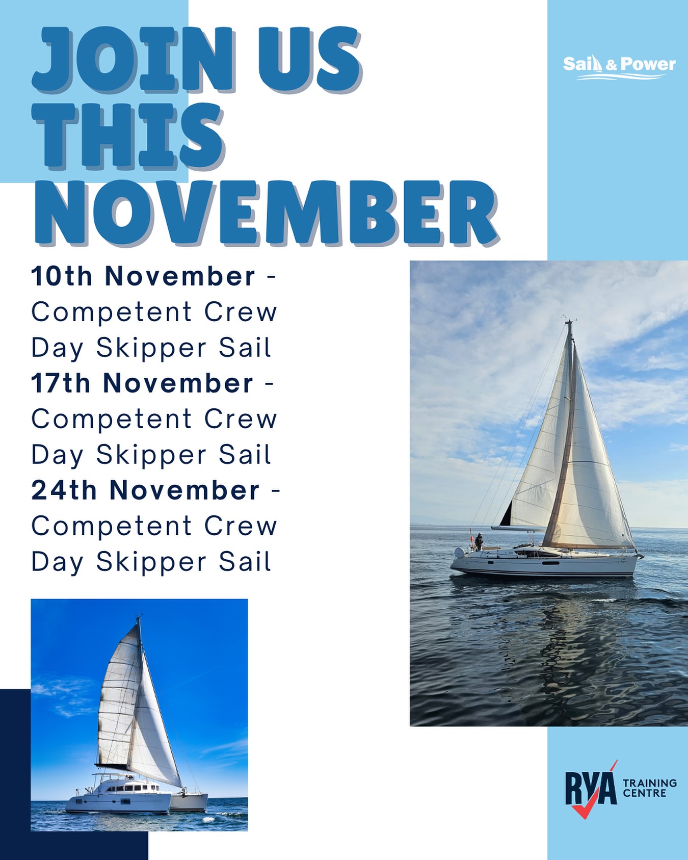Set Sail with Us This November! ⛵️☀️
Ready to start your sailing adventure? Contact us at info@sailandpower.es, register on our website, or send us a message on WhatsApp to learn more or express your interest.
Flexible scheduling available upon request
📞+34621089785
📨info@sailandpower.es
🌐www.sailandpoweracademy.es
#sailandpower #training #learning #competentcrew #dayskipper #dayskipperpractical #catamaran #sailing #sailingspain #rya #skippercourse #powerboat #powerboatcourse #novembersailing #catamarancourses #learntosail #lifeatsea #sailingschool #boating #motorboat #esteponaport #puertoestepona #novembersun #skipper #summer #course #november #marbella #ryacourse #ryaspain