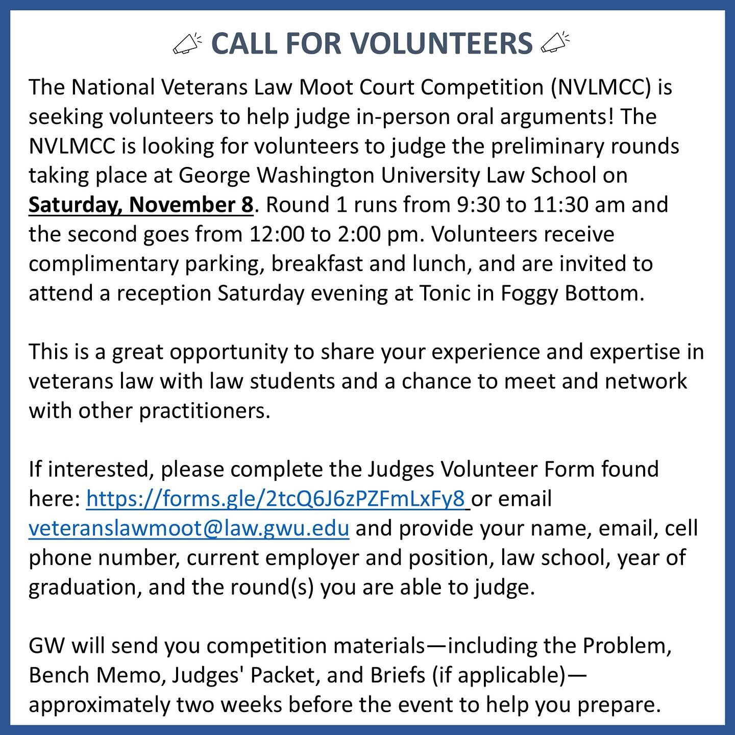 The NVLMCC is seeking volunteers for the upcoming moot court competition on November 8, 2025!