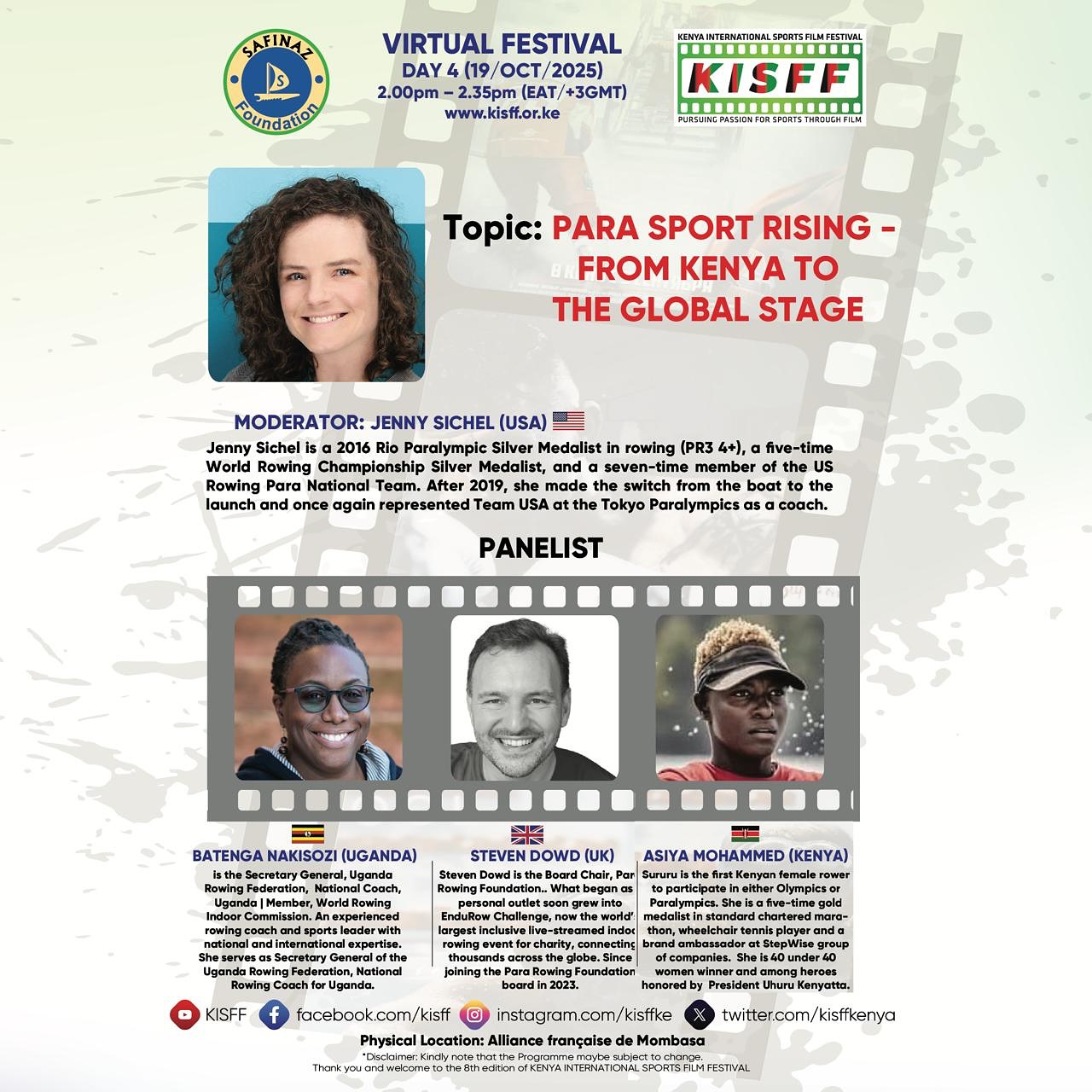 Meanwhile, in Kenya…
The 8th annual Kenya International Sports Film Festival (KISFF) kicks off today in Mombasa (and live-streamed globally)!
4 days of watching and celebrating creatives in sport interspersed with exciting panels.
👀 1 million+ viewers are expected to join once more.
PRF’s Chair, Steven Dowd, will be on this panel discussion alongside 2-time Kenyan Paralympian, Asiya Mohamed, and Secretary General of Uganda’s Rowing Federation, Batenga Nakisozi, moderated by Paralympic silver medalist, Jenny Sichel.
Tune in on Sunday 19th at 1400 East Africa Time.
#KISFF #ParaRowing #ParaSport #ParaFilm #everyBODYrowing