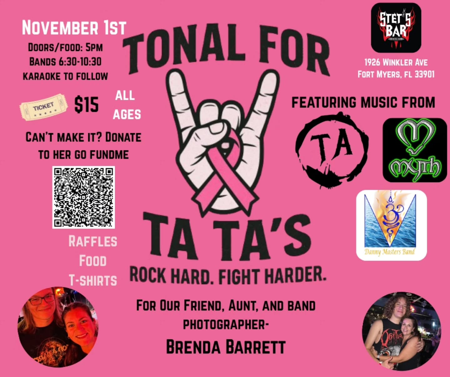 This Saturday, 11/1
Updates:
We are able to accept CASH or VENMO only for tickets, food, t-shirts, and raffles.
Tickets/Door- $15
Food- Hotdogs or Brats, and chips -$2
T-Shirts- $10
Raffle tickets- 5 for $5, 12 for $10, and 25 for $20.
Hope to see you there for a great night and awesome music from Myth Live , Danny Masters Band , and Tonal Annihilation .
#benefitshow #breastcancersucks #tonalfortatas #stetsbar