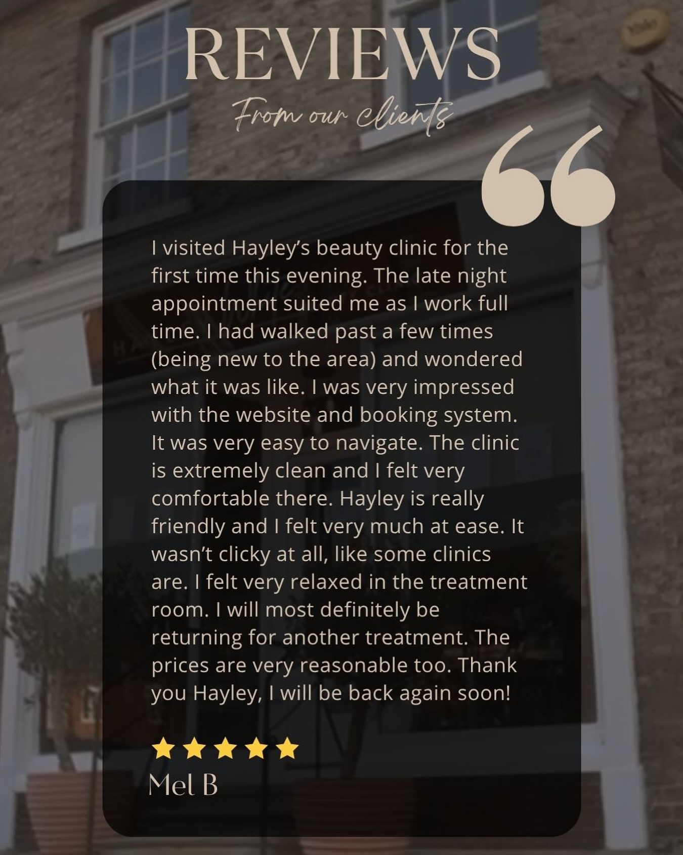 Thank you for the lovely detailed review Mel B (and no, not the spice girl 😉)
We’re glad you enjoyed your visit and we look forward to seeing you again soon ❤️
#bestclients #lavenham #beautysalon #hayleywhitebeautysalon #customerreview #thankyou