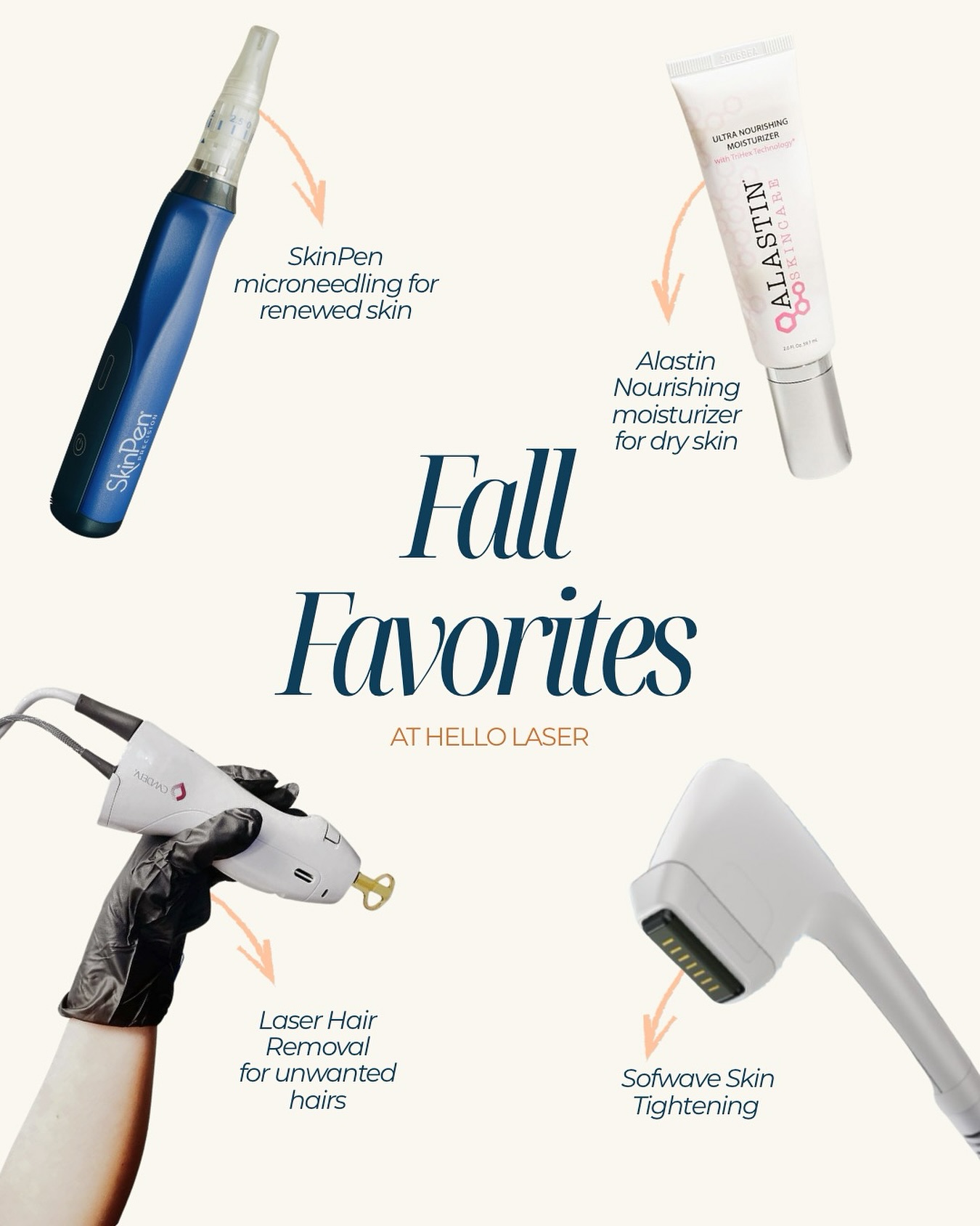 Fall is for fresh starts 🍂
Our current obsessions:
✨ SkinPen for post-summer glow
✨ Laser for smooth, clear skin
✨ Alastin Nourishing Moisturizer to hydrate + repair
✨ Sofwave for a lifted, tighter look
Your skin deserves a seasonal reset — which one’s your fall favorite? 👇
#HelloLaser #FallSkinGoals #SkinPen #Sofwave #LaserSkin #AlastinSkincare #GlowSeason #FreshSkinFeels