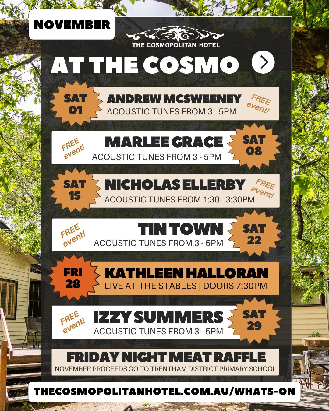 A jam-packed November awaits, join us and experience some of Victoria’s best original musicians, live and FREE every Saturday.
1st NOV - ANDREW MCSWEENEY @andrew_james_mcsweeney
8th NOV - MARLEE GRACE @marleegracemusic
15th NOV - NICK ELLERBY @n_ellerby
22nd NOV - TIN TOWN @tintownband
29th NOV - IZZY SUMMERS @summersjams
For those joining us with an appetite, wood-fired pizza runs all Saturday afternoon, or you can book for lunch before/dinner after the show.
.
.
.
.
#trentham #hepburnshire #daylesfordmacedonlife #macedonranges #cosmotrentham #thecosmopolitanhotel #onehourout #onehouroutofmelbourne #melbournefoodie #daylesfordmacedonlife #macedonrangeswine #countryvictoria #regionalvictoria #visitmacedonranges #visitvictoria