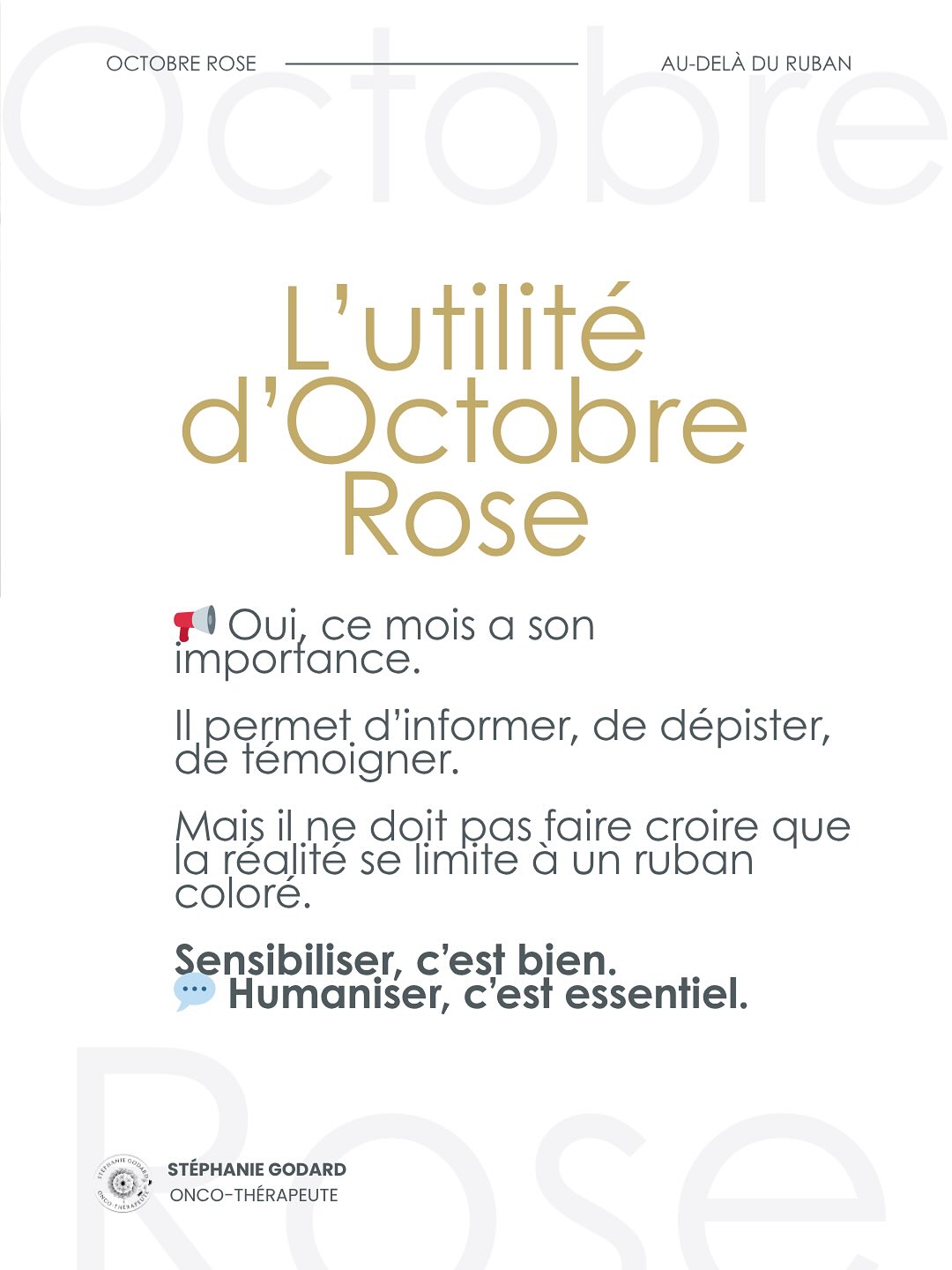📍 Oui, ce mois a son importance.
Il informe, il dépiste, il fait témoigner.
Mais il ne doit pas faire croire que la réalité se limite à un ruban coloré.
Parce qu’Octobre Rose, c’est bien plus qu’une couleur ou qu’une campagne.
C’est une porte d’entrée, pas une parenthèse.
Un point de départ pour parler du vécu, de l’après, de l’humain.
✨ Sensibiliser, c’est bien.
Humaniser, c’est essentiel.
Alors, souvenons-nous :
👉🏻la prévention, l’accompagnement et la reconstruction se vivent toute l’année,
👉🏻dans le concret du quotidien,
👉🏻bien après que les lumières médiatiques se soient éteintes.
🩶 Derrière chaque ruban, il y a une histoire.
Et c’est cela, avant tout, qu’il faut continuer d’écouter.
Et vous, comment vivez-vous ce mois d’octobre ?
Plutôt comme un soutien, une surcharge ou un mélange des deux ?
Vos ressentis comptent. 💬
#cancer #octobrerose #preventioncancerdusein #cancerdusein #oncocoach #cancercoaching #rubanrose