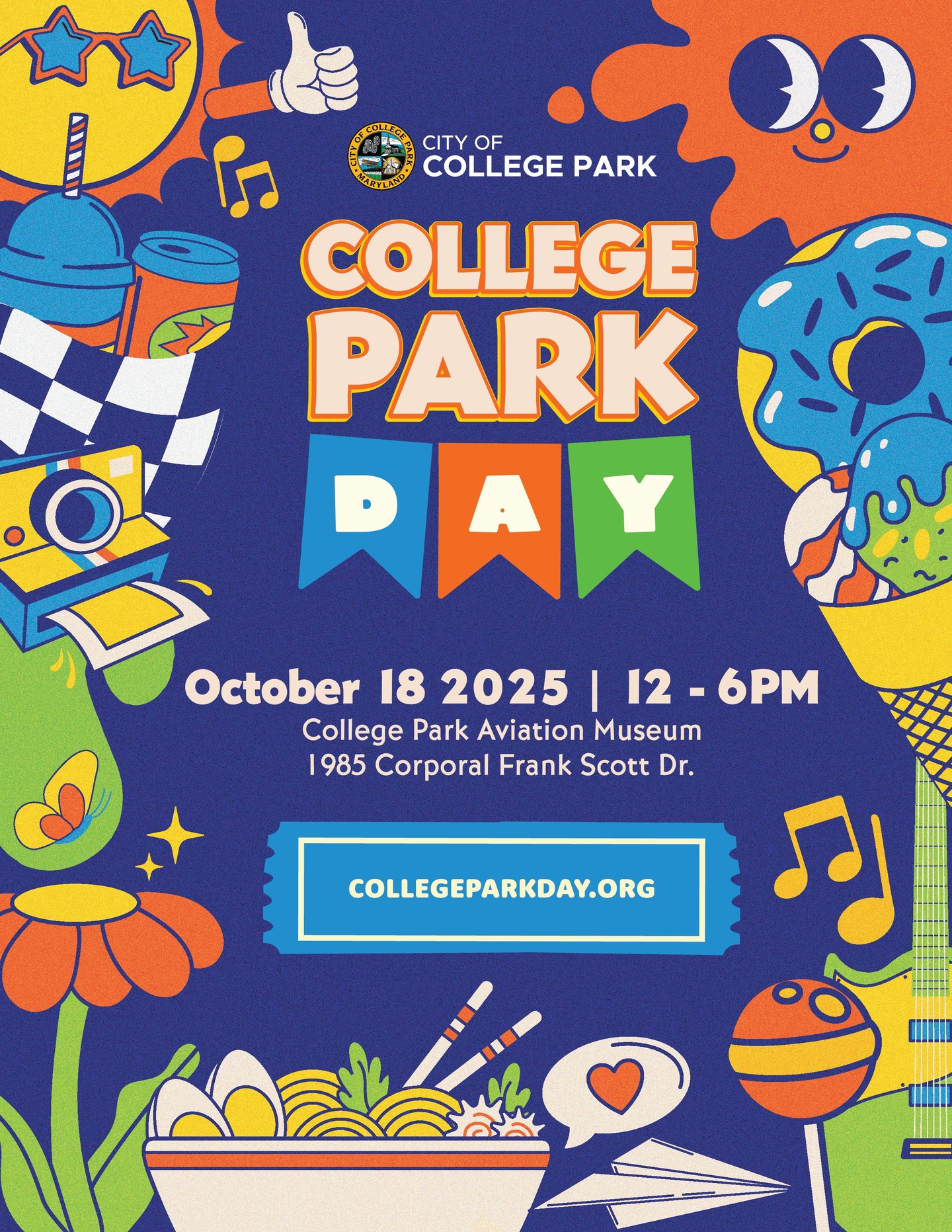 Join us tomorrow for a day of activities, entertainment, and fun to celebrate the community!
College Park Day, Saturday Oct 18, 12 - 6 PM
Free activities and entertainment for all ages with local bands, arts & craft vendors, community exhibits, activities, games, races, bounce houses and so much more!
For more info visit collegeparkday.org