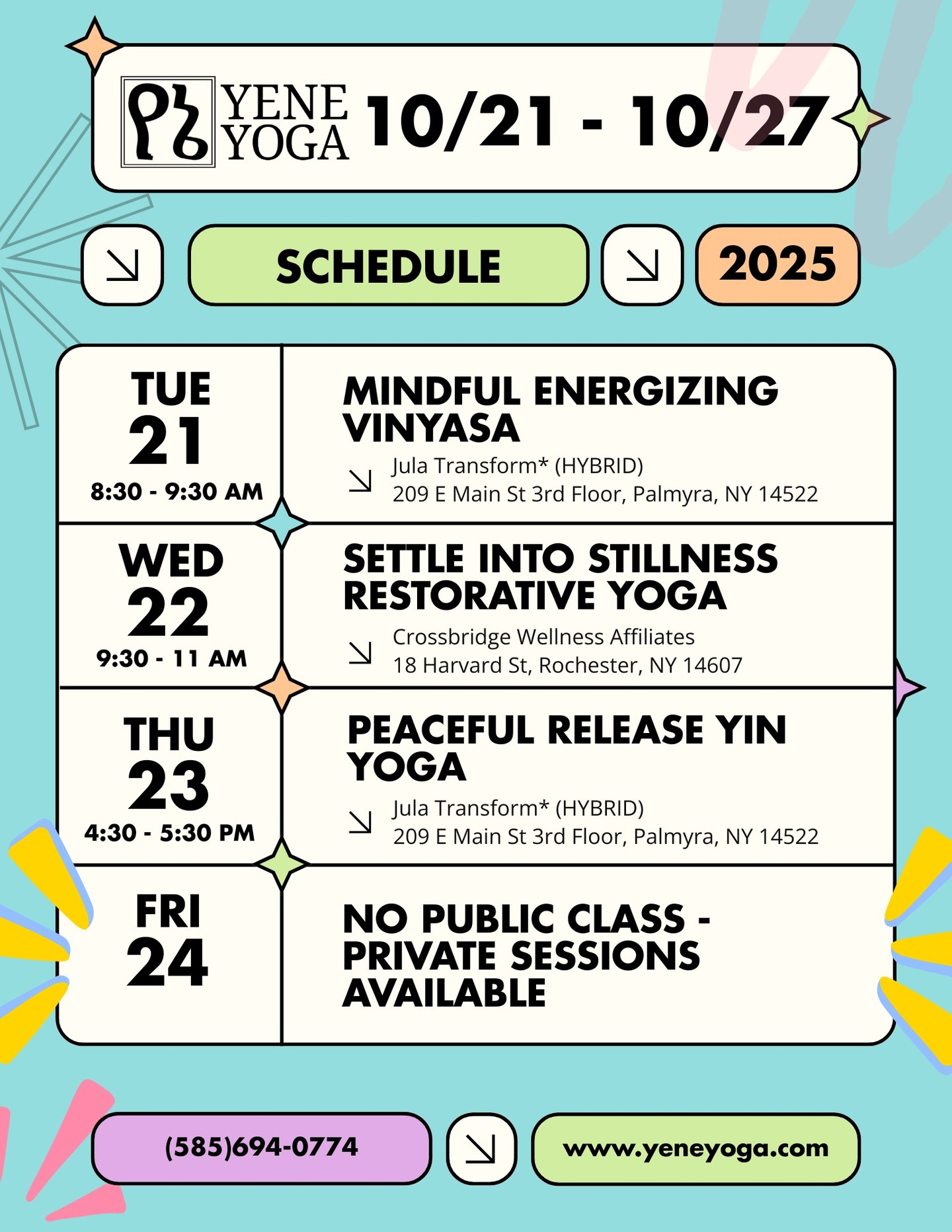 Shubh Diwali (Happy Diwali), everyone!
The link to the new Yene Yoga newsletter is below. Read on for a tribute to this week's Festival of Lights, information on upcoming offerings, and some shared memories!
https://yeneyoga.com/so/11Pe2hB7o?languageTag=en
Before providing this week's schedule, I am so excited to announce that, beginning Wednesday, November 5th, I will officially be joining the regular class schedule at @truyogaroc ! Join me for a Foundations class every Wednesday, 12pm - 1pm that focuses on the building blocks of breath and asana (postures). The full class description can be found in the Yene Yoga newsletter and at www.truyogaroc.com.
Lastly, I invite you to join me for next month's Embodied Word Yoga & Writing Community! The group meets Sunday, November 2nd, 10:00 - 11:30 AM. See newsletter for details.
Weekly Schedule:
🎆Tuesday 10/21
Mindful Energizing Vinyasa (HYBRID)
8:30 - 9:30 AM EST
Jula Transform (previously Radiant You Wellness)
209 E Main St 3rd Floor, Palmyra, NY 14522 or Online
$10/$15/$20 Sliding Scale pricing
For online: book at least 30 min* before
🎆Wednesday 10/22
Settle into Stillness Restorative Yoga
9:30 - 11:00 AM EST
Crossbridge Wellness Affiliates
18 Harvard St, Rochester, NY 14607
$10/$15/$20 Sliding Scale pricing
🎆Thursday 10/23
Peaceful Release Yin Yoga (HYBRID)
4:30 - 5:30 PM EST
Jula Transform (previously Radiant You Wellness)
209 E Main St 3rd Floor, Palmyra, NY 14522 or Online
$10/$15/$20 Sliding Scale pricing
For online: book at least 30 min* before
🎆Friday 10/24
NO CLASS - PRIVATE SESSIONS AVAILABLE
🎆Saturday 10/25
NO CLASS - PRIVATE SESSIONS AVAILABLE
🎆Sunday 10/26
Hatha Yoga Club (Available for UR Undergraduate Students)*
1:00 - 2:00 PM EST
University of Rochester
Leibner-Cooper Room, Goergen Athletic Center
720 Library Rd, Rochester, NY 14611
Free for UR Students. Sign up at https://ccc.rochester.edu/hathayoga/home/.
Reset & Reconnect Evening Vinyasa
5:30 - 6:30 PM EST
Crossbridge Wellness Affiliates
18 Harvard St, Rochester, NY 14607
$10/$15/$20 Sliding Scale pricing
🎆Monday 10/27
NO CLASS - PRIVATE SESSIONS AVAILABLE
#rochesterny #yoga #accessible #thingstodo #newclass